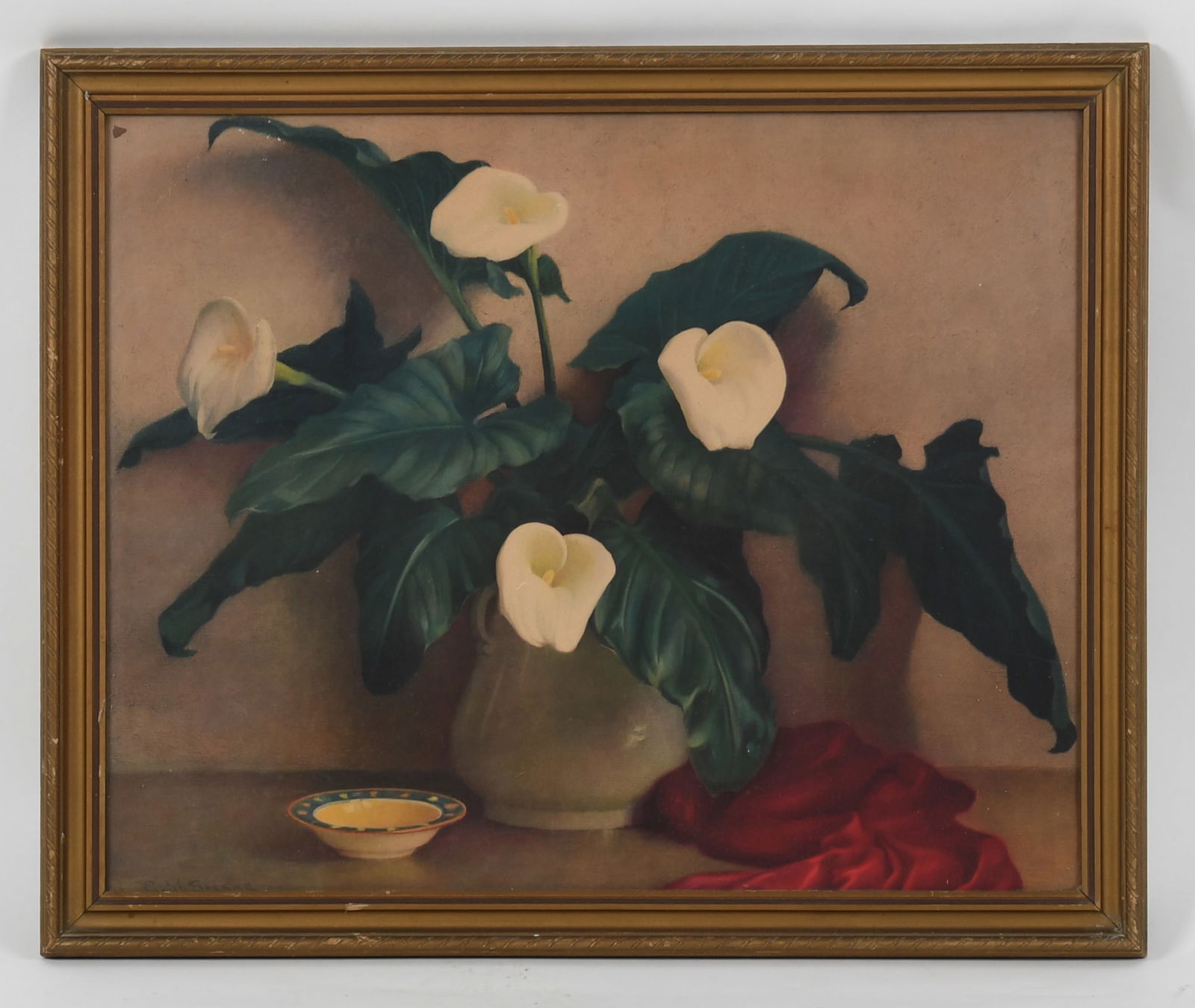 A Framed Still Life Print: A Framed Still Life Print Mid 20th century, an offset lithograph still life depicting calla lilies, signed in the plate at the lower left. Dimensions: 24 x 30"