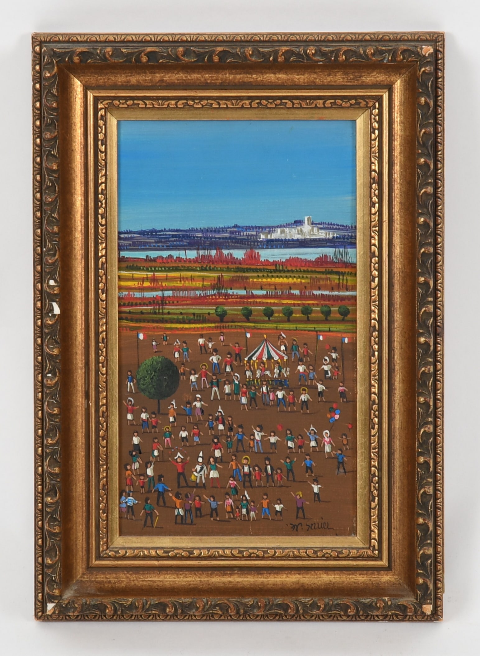 Jean Pierre Serrier (French, 1934-1989), Festival: Jean Pierre Serrier (French, 1934-1989), Festival 1965, oil on canvas, depicting a festival along a river with a city in the distance, signed at the lower right and with a Certificate of