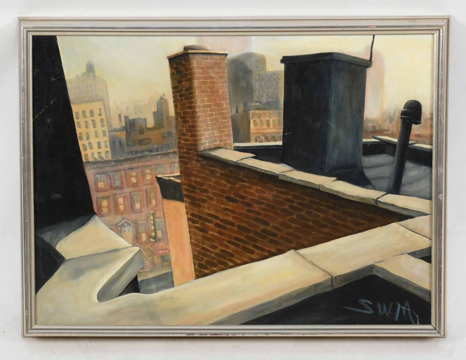 Stephen W. Montgomery (American, 20th century), "Restaurant Row": Stephen W. Montgomery (American), "Restaurant Row" 20th century, oil on canvas, a view from a New York roof, signed at the lower right. With Newman Galleries,