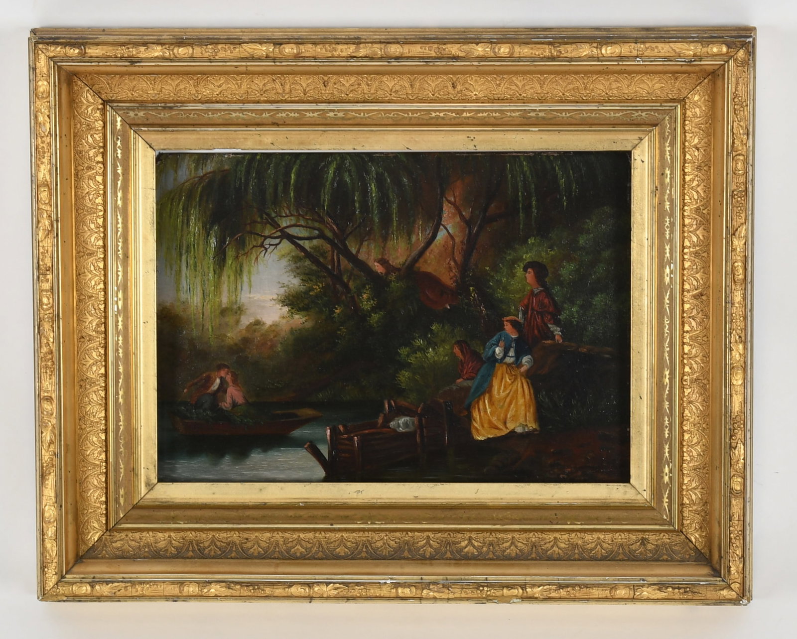 Continental School, 19th Century, "The Lovers": Continental School, 19th Century, "The Lovers" Depicting a pair of lovers in a canoe with four onlookers at shore. oil on artist's board Dimensions: 9 3/4 in. x 14 1/8