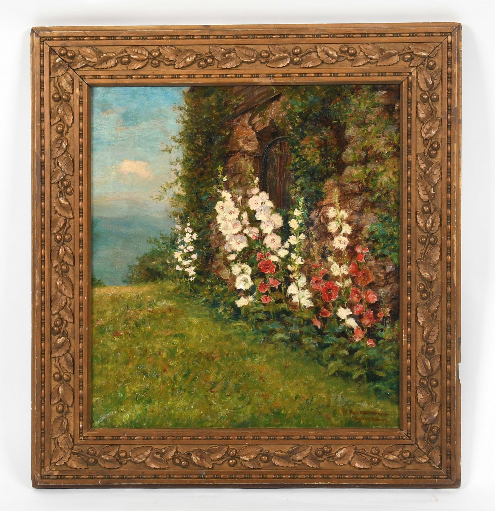 Carroll Butler Brown (American, 1860-1932), Hollyhocks, 1916: Carroll Butler Brown (American, 1860-1932), Hollyhocks, 1916 Depicting a stone cottage with a view of the Hudson Valley beyond. Oil on canvas; inscribed, signed and dated "To Mrs. De