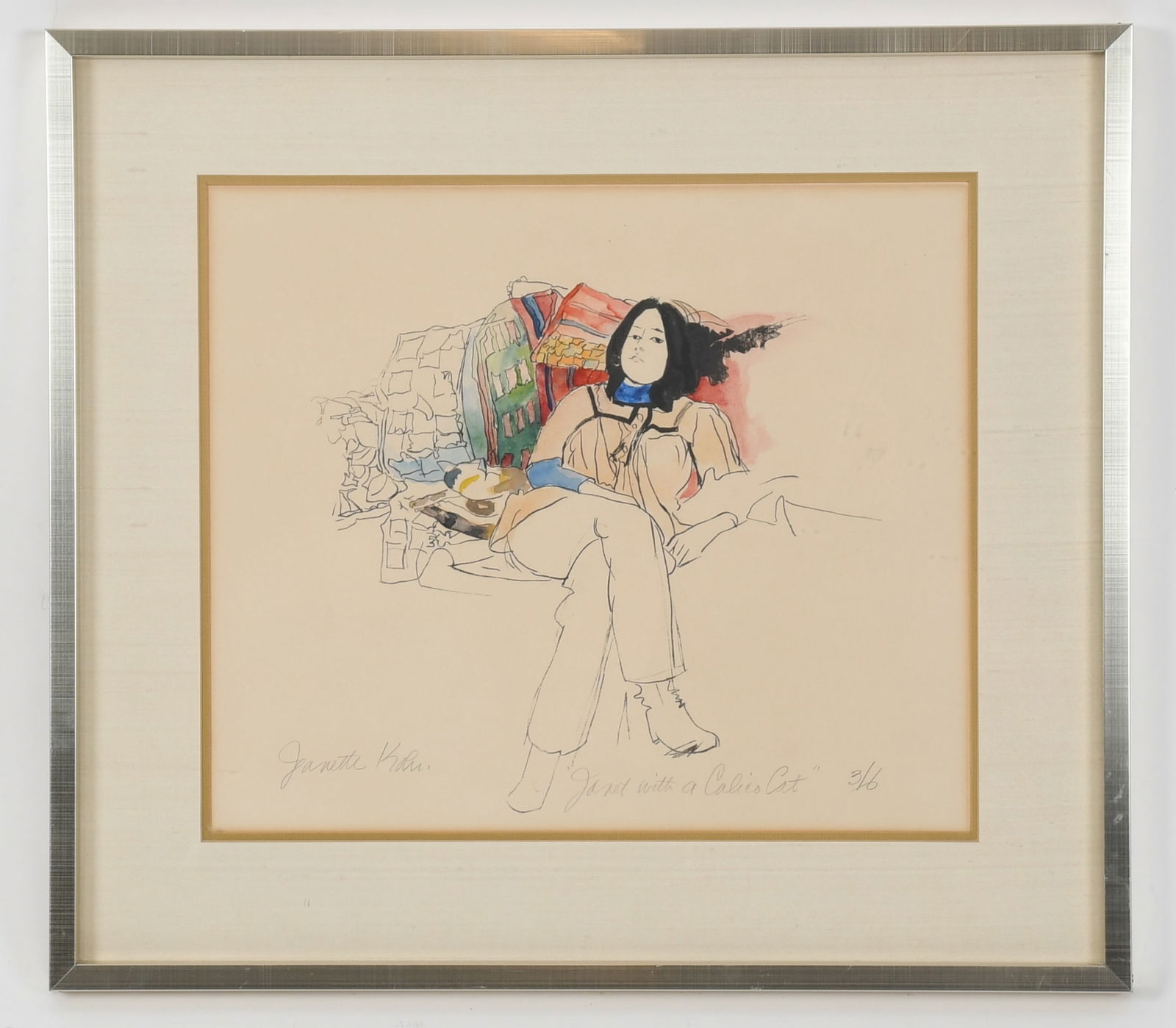 Jeanette Kohn (Pennsylvania, d. 2005 ), "Janet with a Calico Cat": Jeanette Kohn (Pennsylvania, d. 2005 ), "Janet with a Calico Cat" 20th century, lithograph, from a limited edition no. 3/6, pencil signed and titled at the lower portion of the