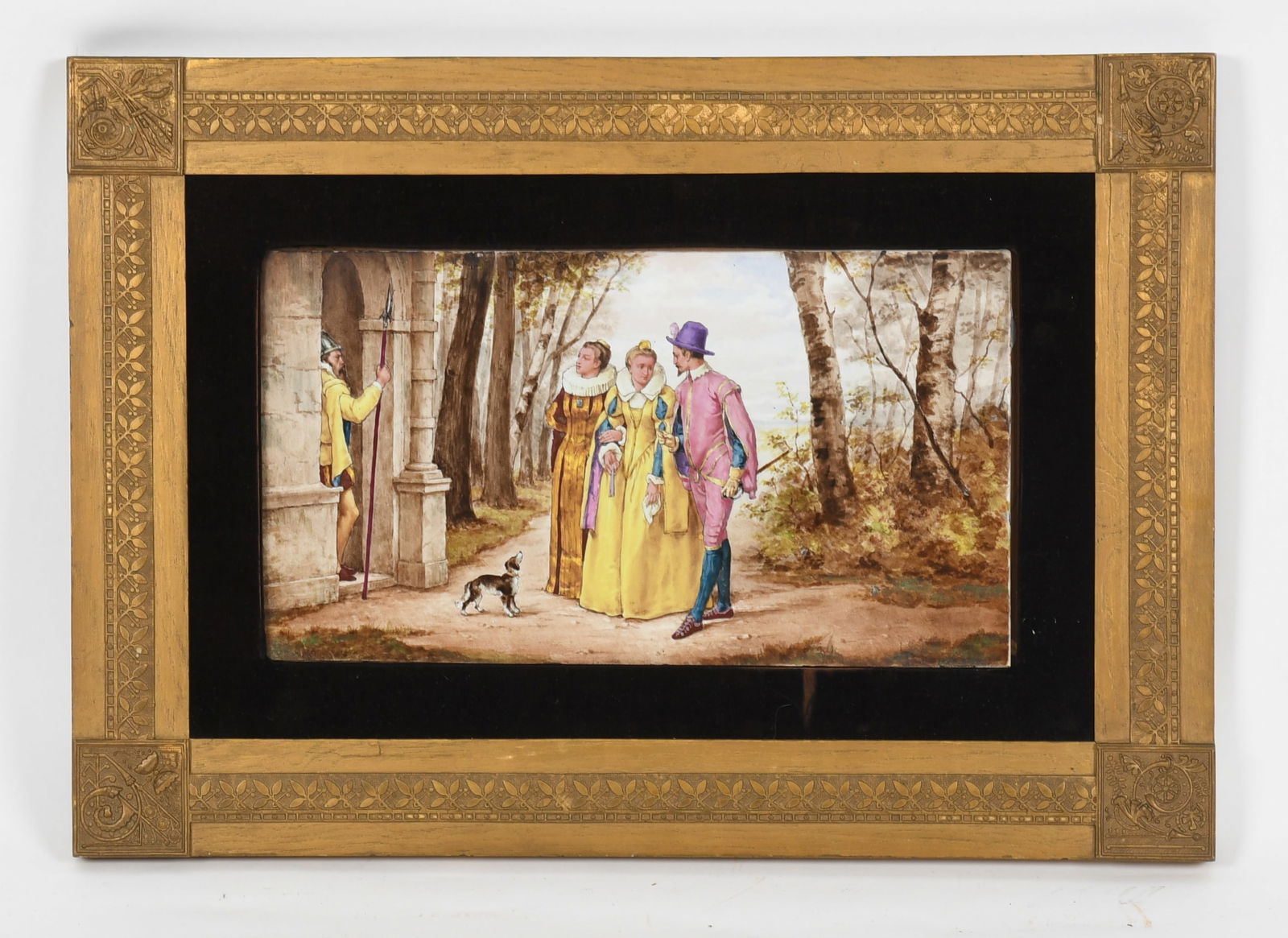 A French Painted Porcelain Plaque, Possibly Limoges, Late 19th Century: A French Painted Porcelain Plaque, Possibly Limoges, Late 19th Century Depicting four figures in medieval dress along a path in a landscape with dog in foreground. Dimensions: 8 3/4 in. x