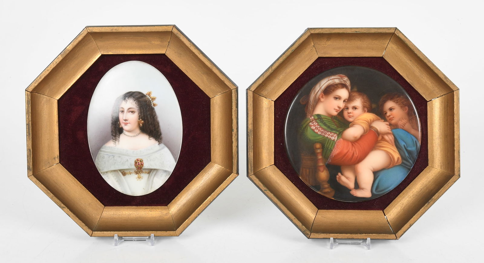 Two Continental Painted Porcelain Plaques, Late 19th/ Early 20th Century: Two Continental Painted Porcelain Plaques, Late 19th/ Early 20th Century Comprising: an Italian circular example depicting the Madonna della Segiolla (or Sedia), after Raphael (Raffaello Sanzio