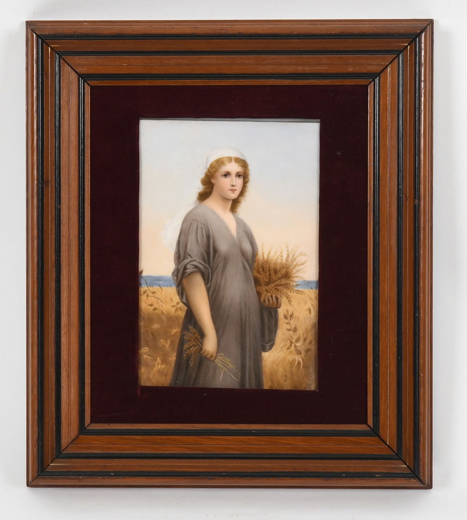 A Berlin KPM Porcelain Plaque of "Ruth" After Charles Landelle, c. 1900: A Berlin KPM Porcelain Plaque of "Ruth" After Charles Landelle, c. 1900 Depicting a veiled woman standing in a field holding a sheaves of wheat; the reverse bearing impressed KPM mark