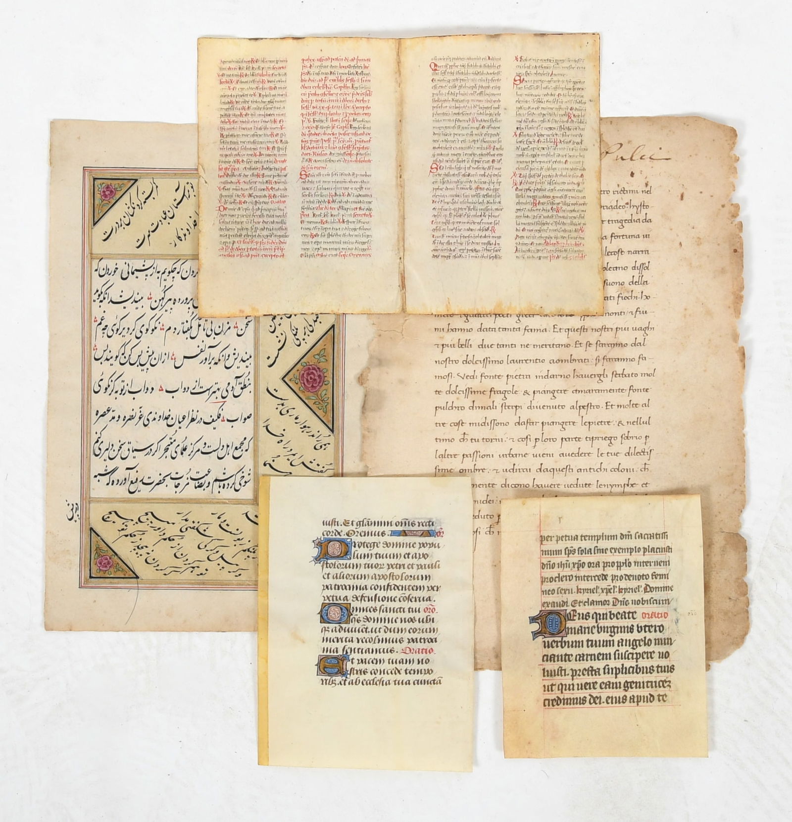 A Group of Early Manuscript Pages, Some Illuminated: A Group of Early Manuscript Pages, Some Illuminated Two double sided 15th century illuminated pages on vellum, two doubled sided pages of manuscript in calligraphy and on paper, 17th century or