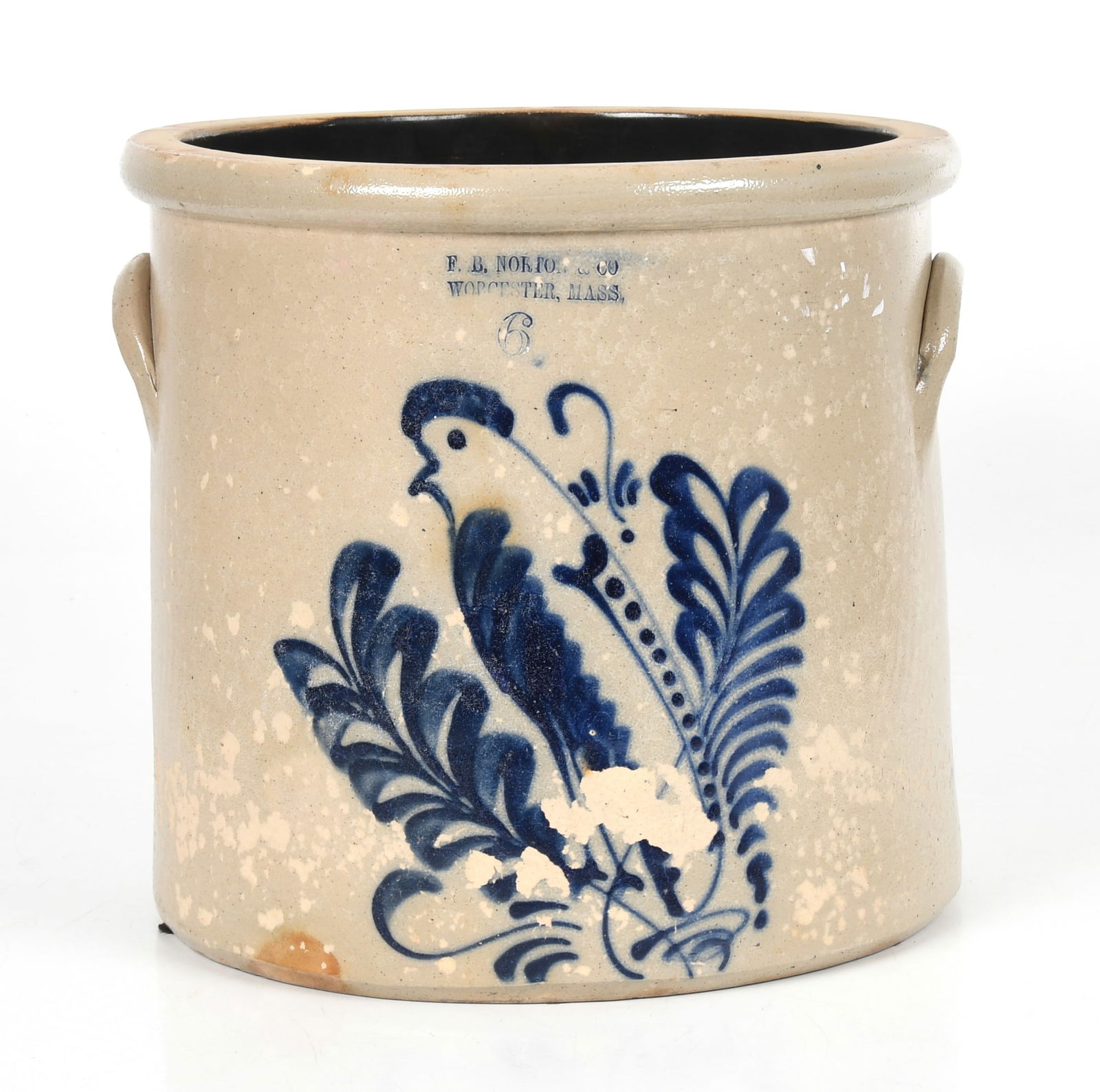 A Cobalt-Decorated Six-Gallon Stoneware Crock, F. B. Norton & Co., Worcester, Massachusetts, c. (1 of 9)