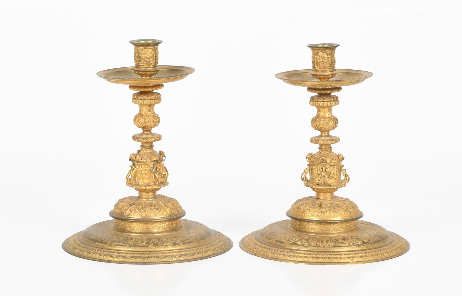 A Pair of German Renaissance-Revival Gilt and Pressed Metal Candlesticks, c. 1891 (1 of 7)