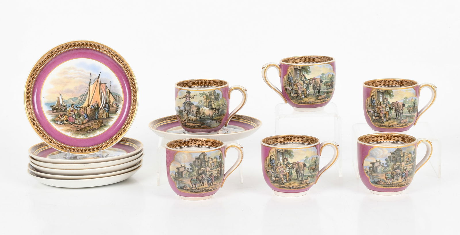 A Group of Prattware Cups and Saucers: A Group of Prattware Cups and Saucers Second half of the 19th century, all with transfer decoration of various genre scenes, comprising seven 5 3/4in saucers and six 2 3/4in tea cups,
