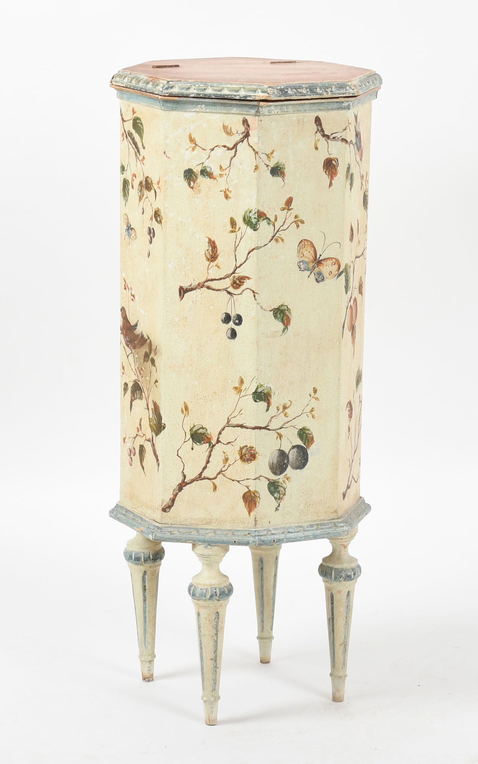 An Italian Polychrome-Decorated Octagonal Pedestal Cabinet, Mid-20th Century: An Italian Polychrome-Decorated Octagonal Pedestal Cabinet, Mid-20th Century With a faux-marbled hinged top opening to reveal a storage well, the case decorated allover with birds and