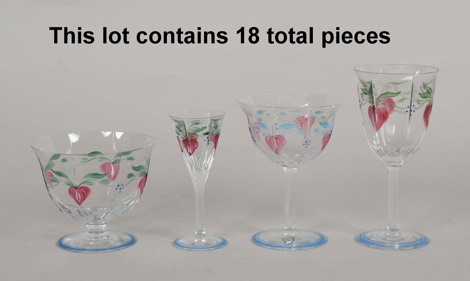 Eighteen Pieces of Swedish Hand-Painted Glass "Maja" Stemware, Eva Englund (1937-1998) for Orrefors,: Eighteen Pieces of Swedish Hand-Painted Glass "Maja" Stemware, Eva Englund (1937-1998) for Orrefors, Late 20th Century All decorated with a leaf and berry motif and signed with initials &quo