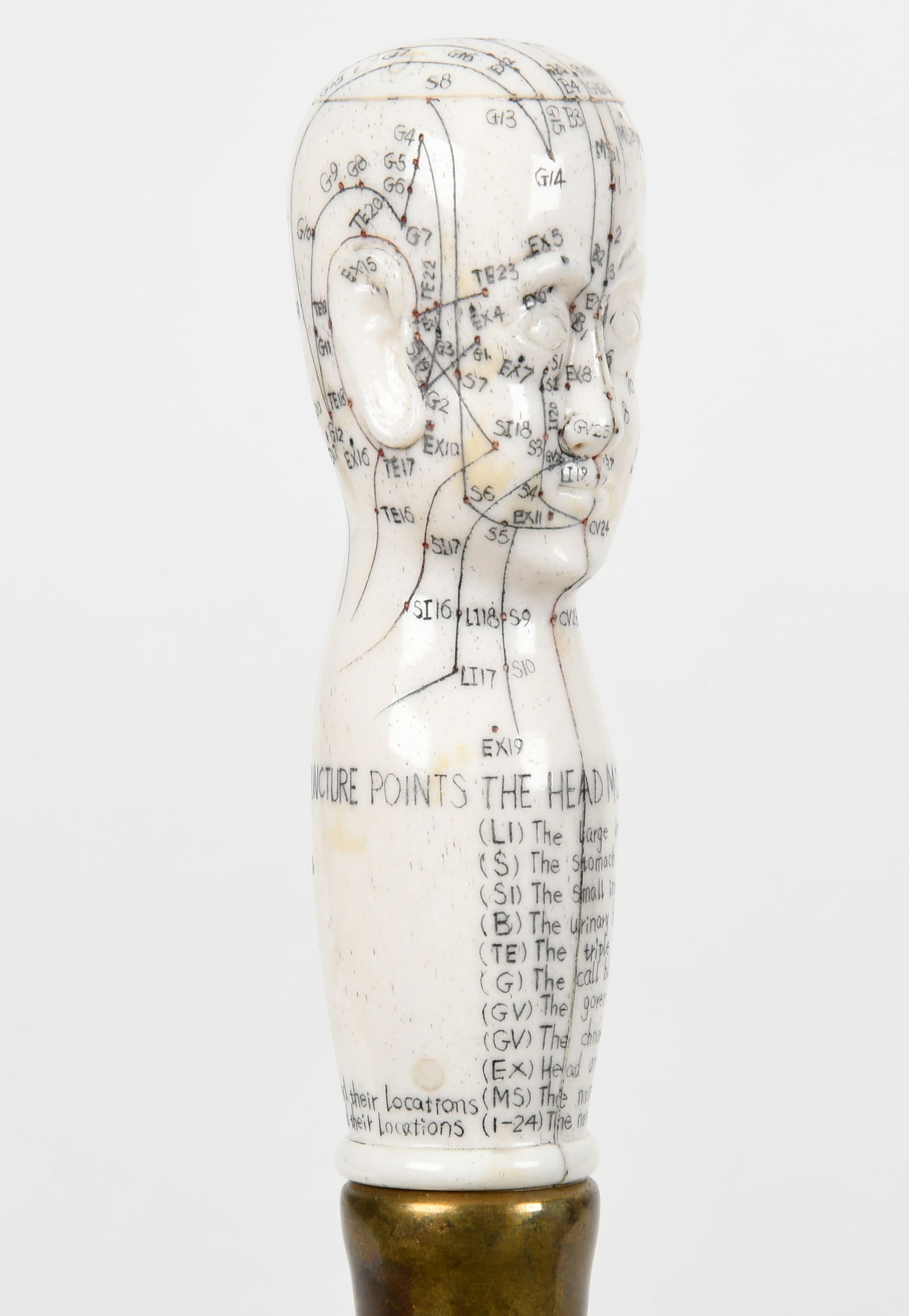 A 19th Century Walking Stick, Acupuncture Interest: A 19th Century Walking Stick, Acupuncture Interest A walking stick with carved bone figural handle that shows acupuncture points. Dimensions: 36 1/4in long. Provenance: The