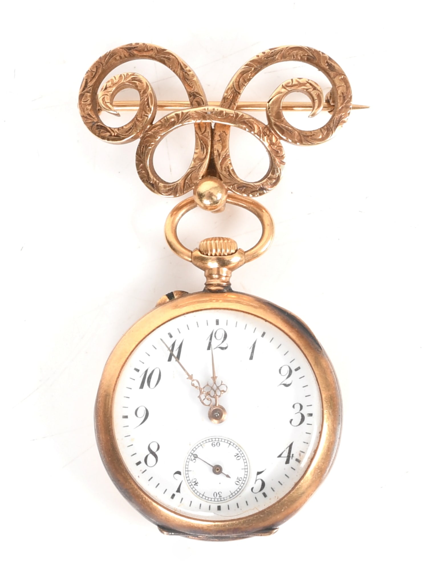 A Swiss 18k Gold Ladies Pocket Watch and 14k Gold Pin: A Swiss 18k Gold Ladies Pocket Watch and 14k Pin Second half of the 19th century, a pocket watch housed in an 18k gold open face case with a keyless Longines movement, the dust