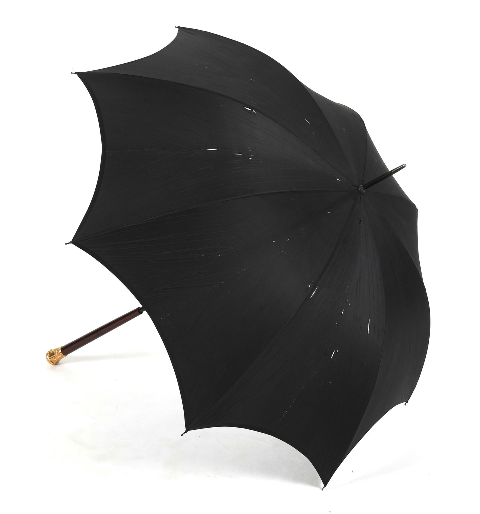 A Gold Handled Umbrella by Paragon Laurus & S. Fox & Co: A Gold Handled Umbrella by Paragon Laurus & S. Fox & CoA black canopy example with 14k gold (tested) handle, retailed by Bailey, Banks and Biddle, Philadelphia, early 20th