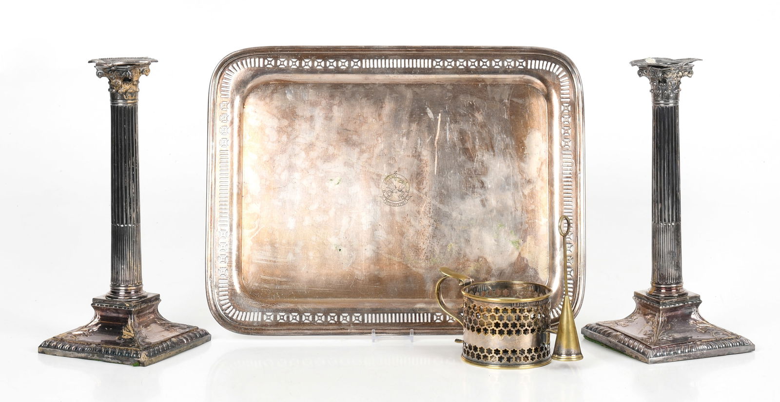 A Group of Silver Plate, Including Old Sheffield Plate: A Group of Silver Plate, Including Old Sheffield Plate Comprising: a c. 1790 pair of column form neoclassical Sheffield plate candle sticks, a mid 19th century chamber stick