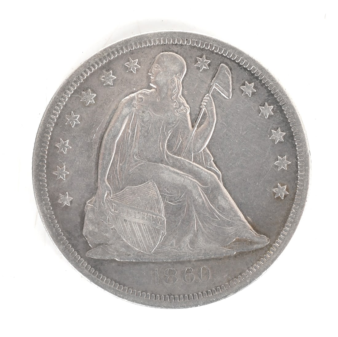 1860-O Seated Liberty Dollar: 1860-O Seated Liberty Dollar Circulated. Dimensions: 37.8mm in diameter, approximately .8500 ozt 50% Provenance: From a Philadelphia collec