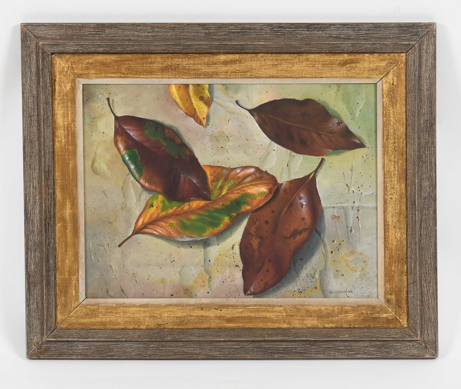 Paul Crosthwaite (Bucks County, PA, 1911-1981), "Leaves": Paul Crosthwaite (Bucks County, PA, 1911-1981), "Leaves" A study of fall leaves on a stone ground. Oil on board, signed "CROSTHWAITE" lower right and titled on frame