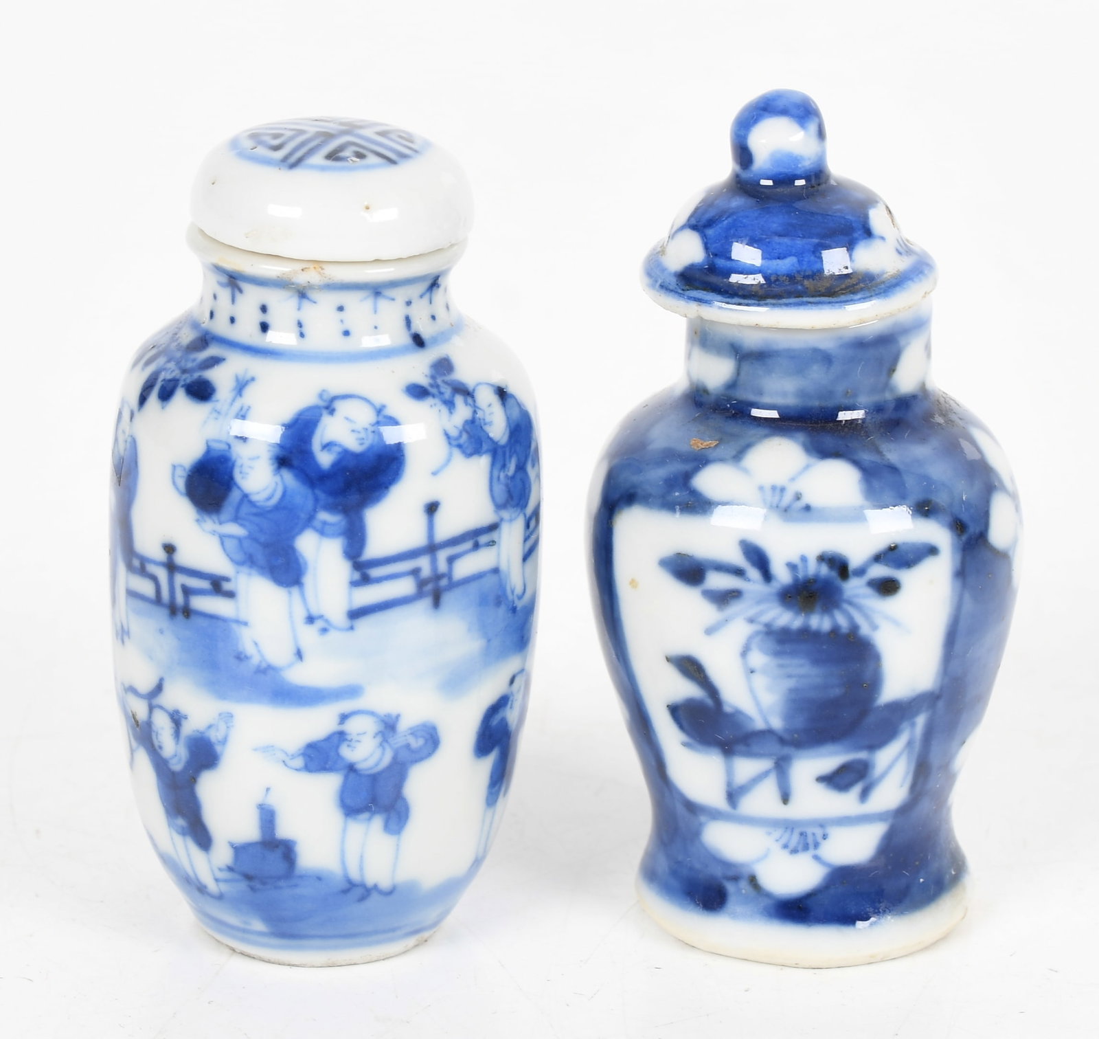 Two Chinese Blue and White Porcelain Snuff Bottles:  Two Chinese Blue and White Porcelain Snuff Bottles Both 19th century, a Hawthorne pattern example and the other with decoration depicting children at play in a