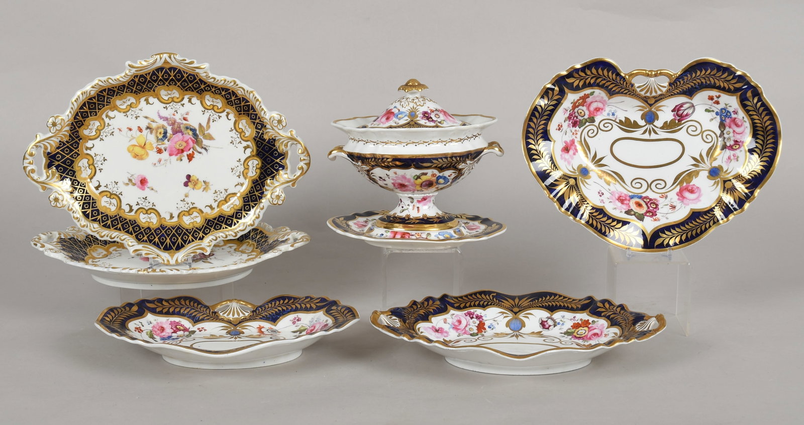 A Group of Six English Hand-Painted and Parcel-Gilt Porcelain Serving Dishes, Probably Coalport, (1 of 11)