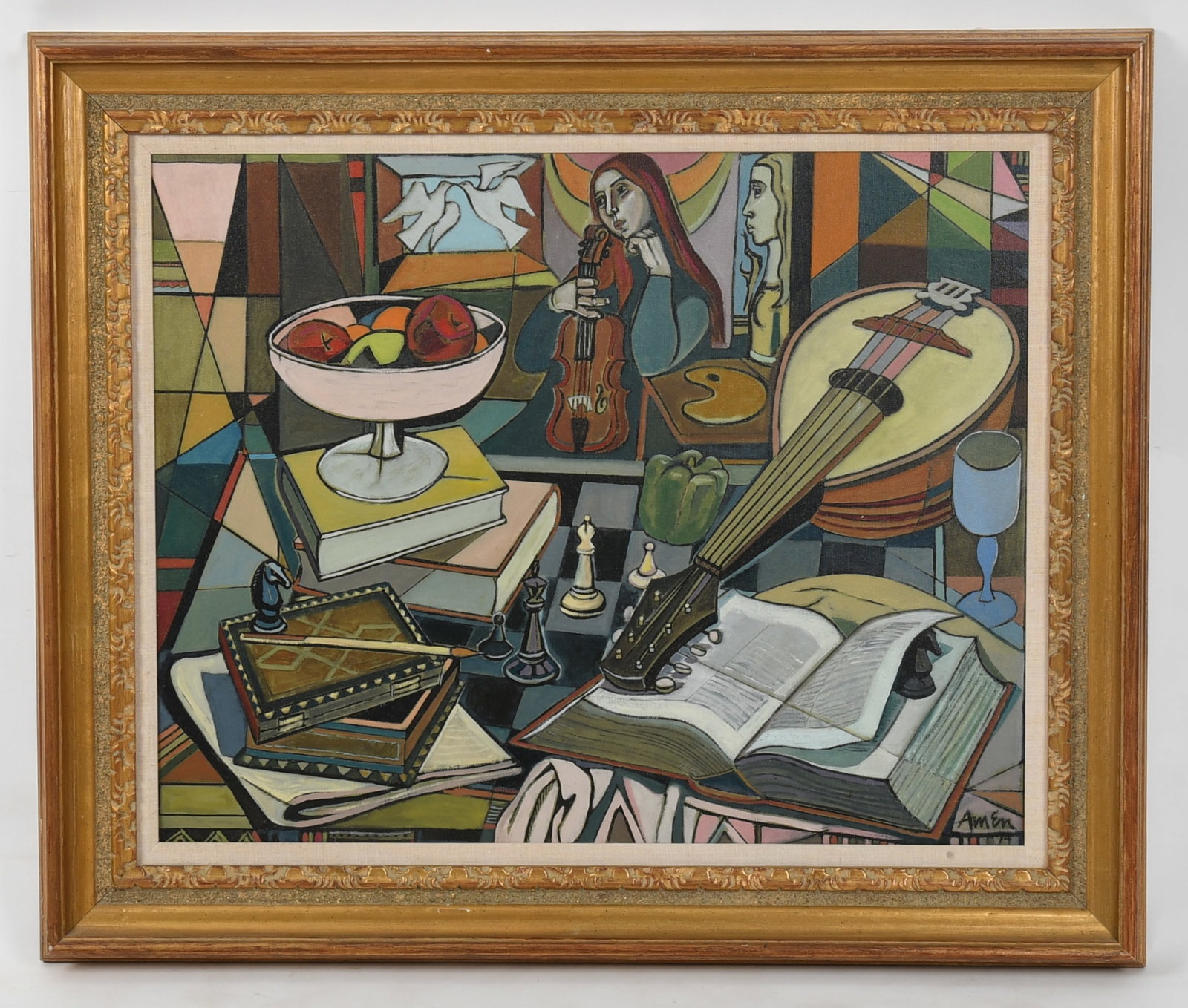 Irving Amen (1918-2011) Still Life with Violinist: Irving Amen (1918-2011) Still Life with Violinist Oil on canvas, signed and dated for 1974 at the lower right. Dimensions: 24in x 30in, the frame 31 1/2in x 37 1/2