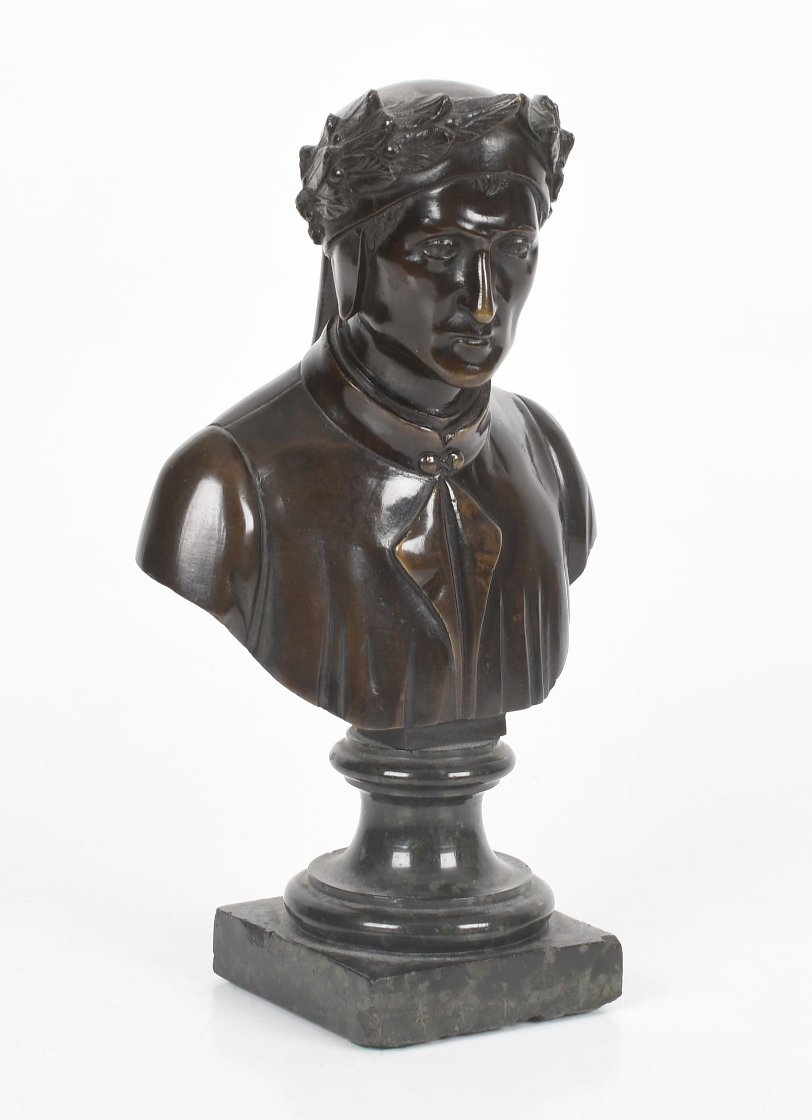 A Patinated-Bronze Bust of Dante, 19th Century: A Patinated-Bronze Bust of Dante, 19th Century Raised on a green-black marble socle base. Dimensions: 9 in. high, overall Provenance: From
