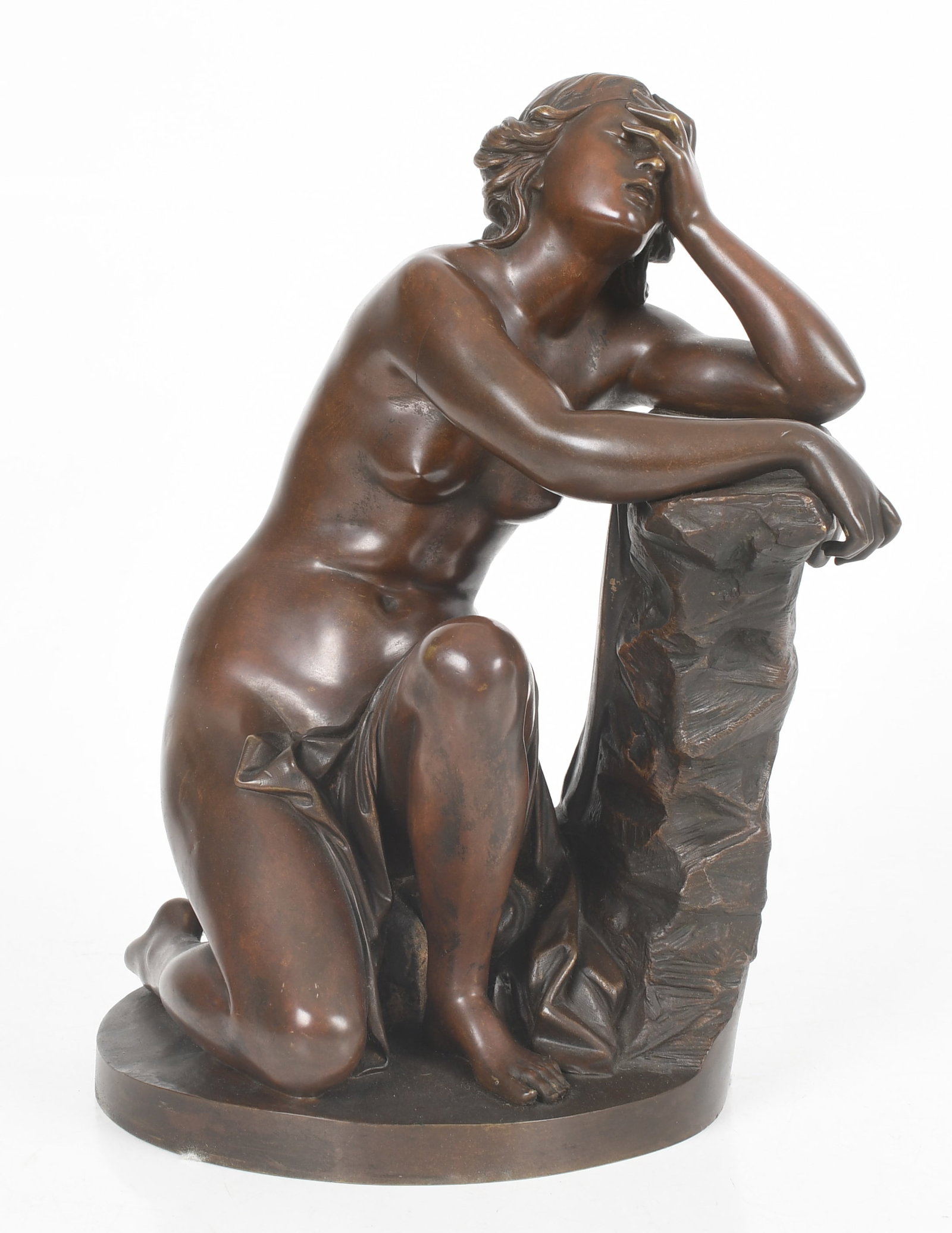Aime Millet (French, 1819-1891), Patinated-Bronze Figure "Ariadne": Aime Millet (French, 1819-1891), Patinated-Bronze Figure "Ariadne" Depicting a kneeling nude woman in distress; signed "AIME MILLET" Dimensions: 11 1/2 in. high 