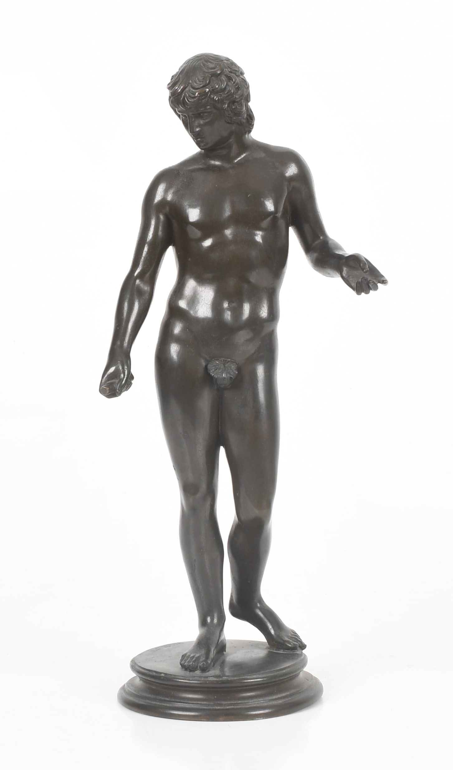 A Grand Tour Patinated-Bronze Figure of Antinous, 19th Century: A Grand Tour Patinated-Bronze Figure of Antinous, 19th Century After the antique, inscribed "WAGNER" on base. Dimensions: 14 3/4 in. high 