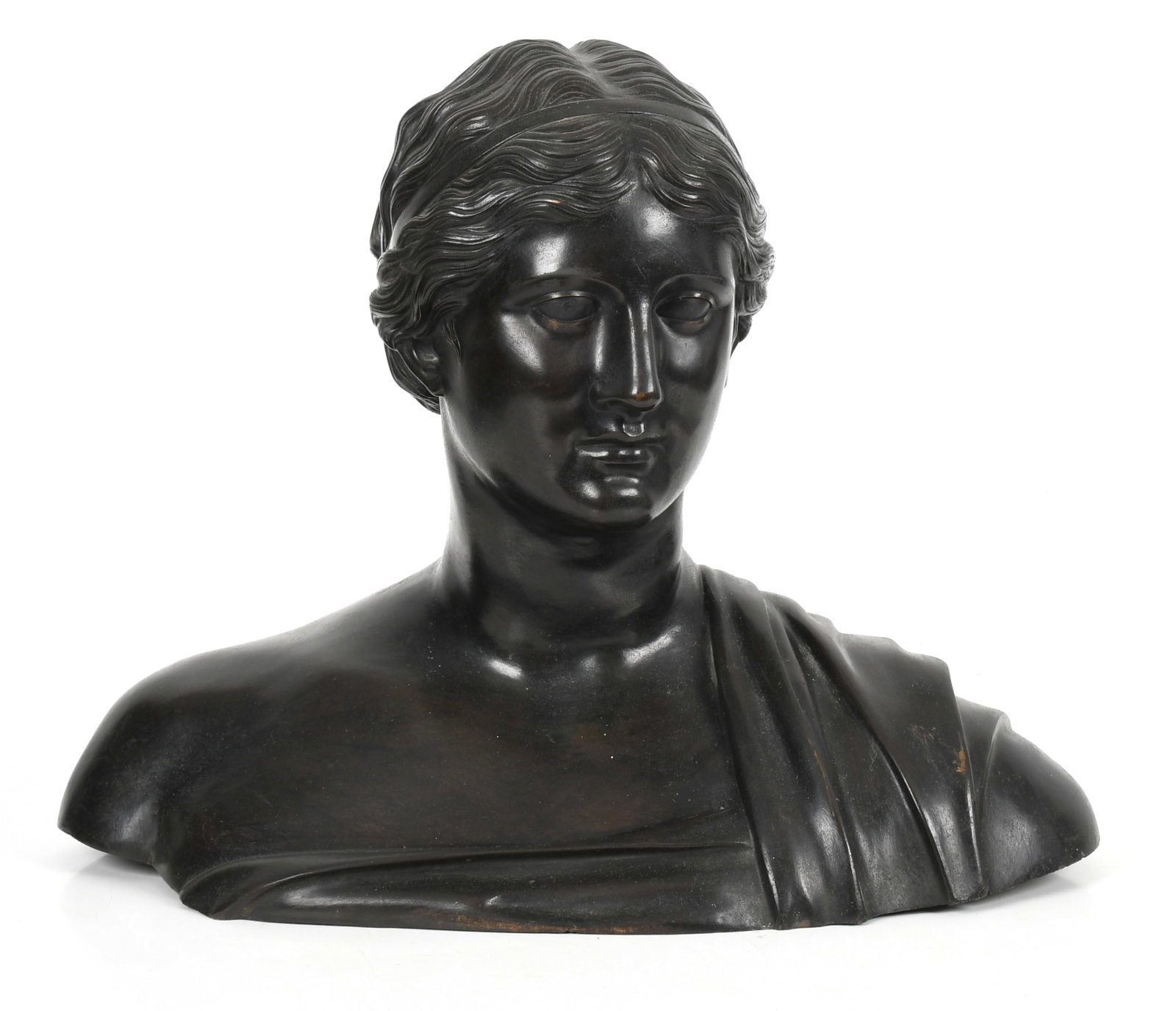 A Large Bust of the Poet Sappho: A Large Bust of the Poet Sappho 19th century, likely Italian, patinated bronze, unsigned. Dimensions: shoulder to shoulder 21in, the height is 18 1/2in&nb