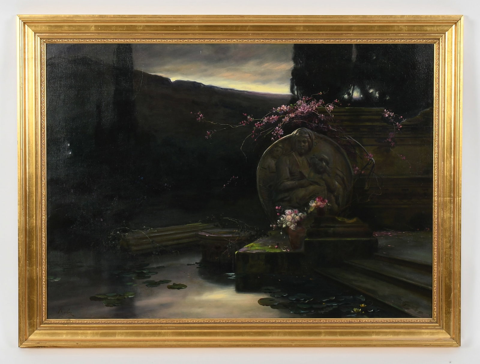 Adriano Goby (Italian, 19th Century), Garden Pond at Dusk: Adriano Goby (Italian, 19th Century), Garden Pond at Dusk Late 19th century, oil on canvas, signed at the lower left "A. Goby" Dimensions: 31 x 43in, the