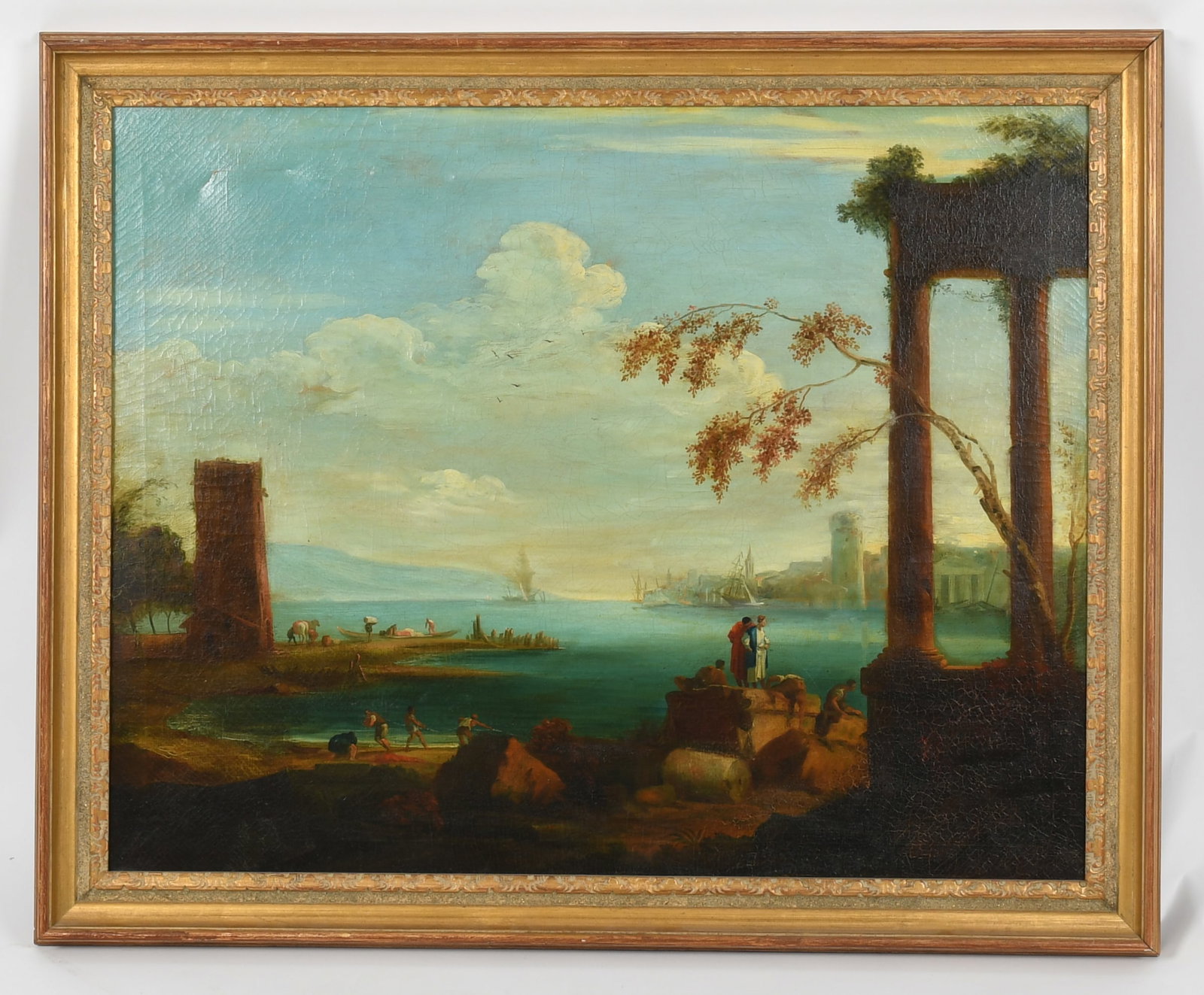 A Large Mediterranean Genre Landscape: A Large Mediterranean Genre Landscape Late 19th century, a summertime landscape depicting figures along the shore among classical ruins, housed in a modern frame. Dime
