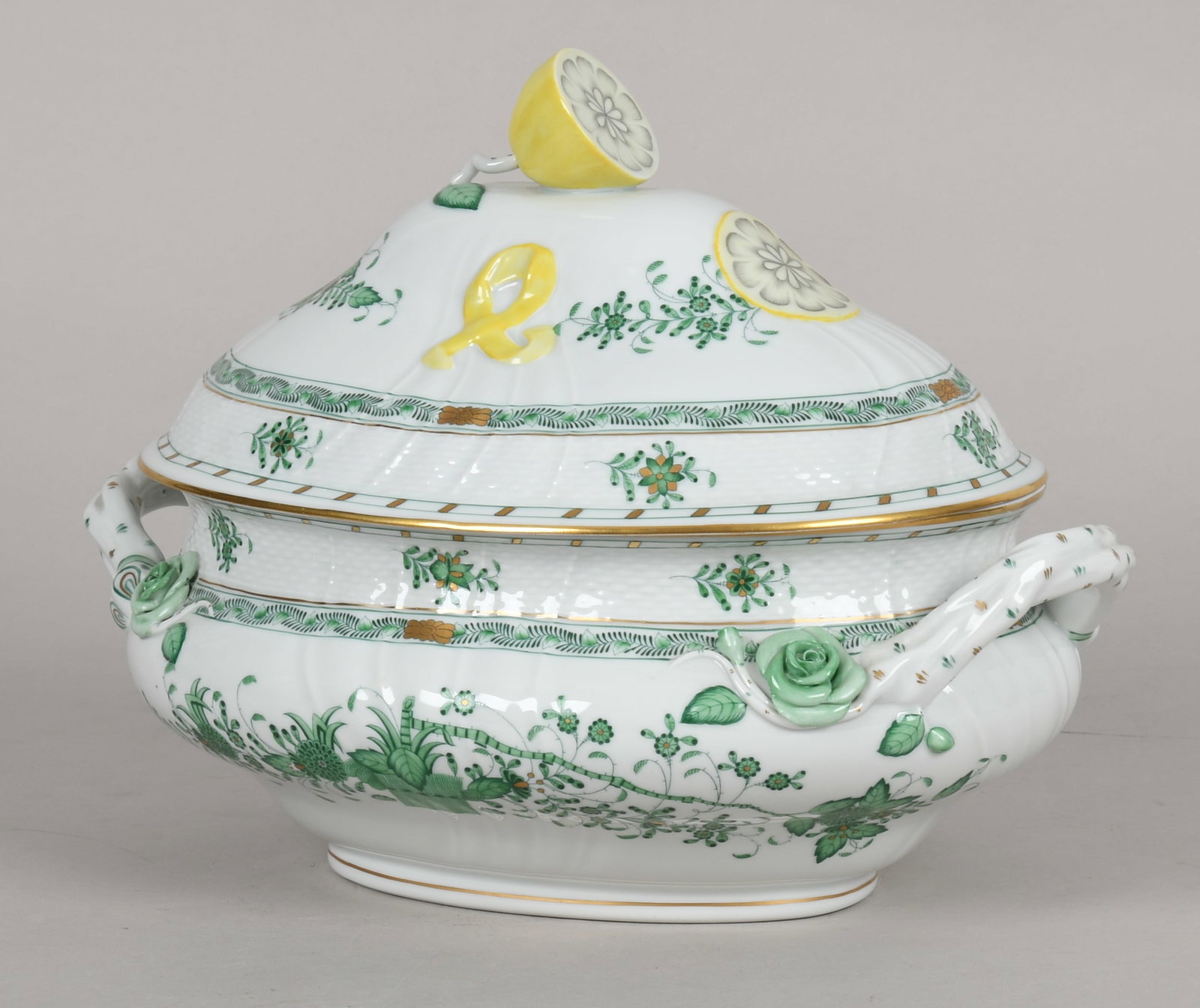 A Herend Porcelain Green "Indian Basket Tureen and Cover, Late 20th Century (1 of 6)