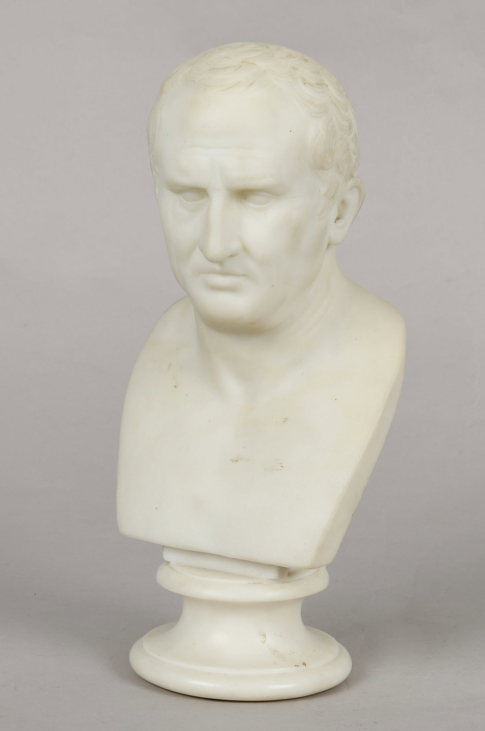 A Grand Tour Marble Bust, Probably the Roman Marcus Tullius Cicero (106-43 BC), 19th Century: A Grand Tour Marble Bust, Probably the Roman Marcus Tullius Cicero (106-43 BC), 19th Century On a marble socle base. Dimensions: 6 1/4 in. wide, 4 3/4 in. deep, 13 1/2 in. hig