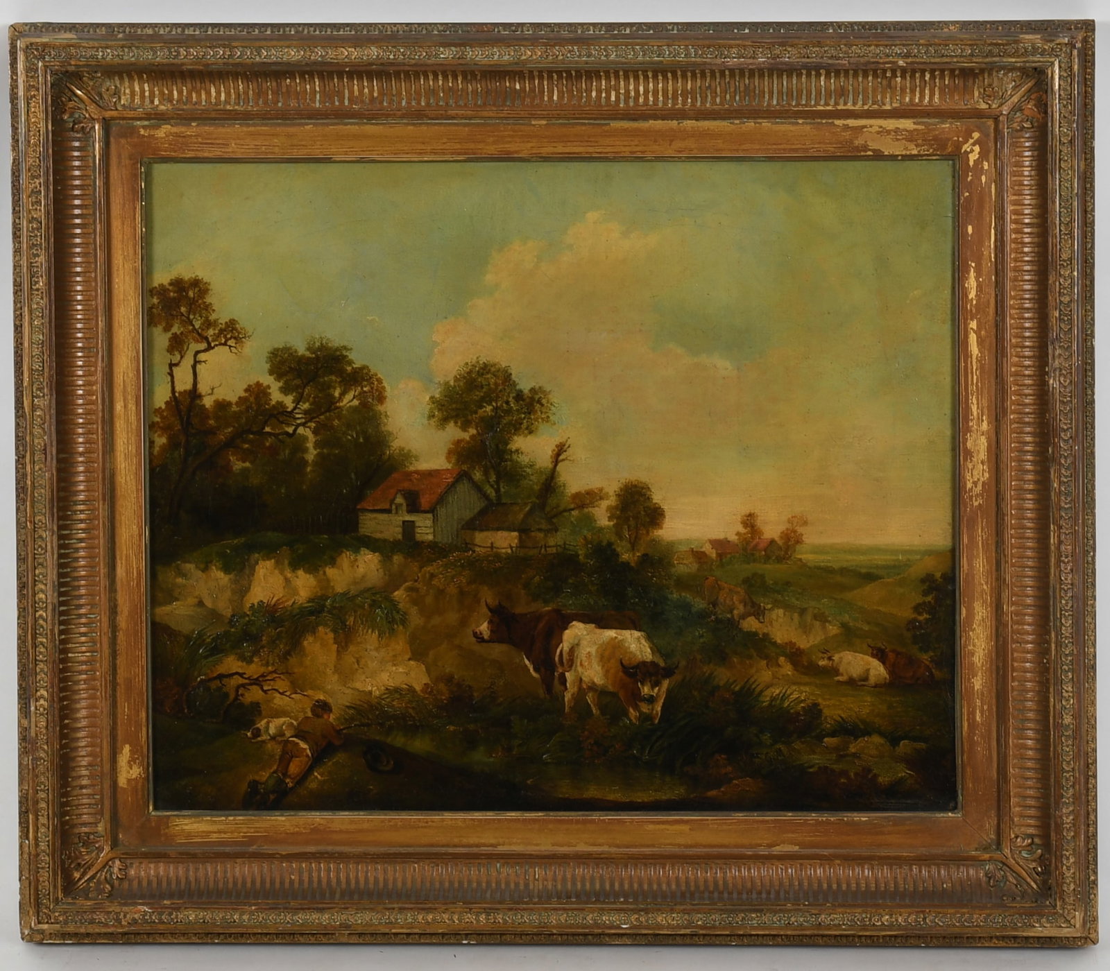 George Moreland (English, 1763-1804), Rustic Scene: George Moreland (English, 1763-1804), Rustic Scene Depicting cows in a landscape with cottages in the midground, watched over by a boy and his dog. Oil on canvas, initialed "G