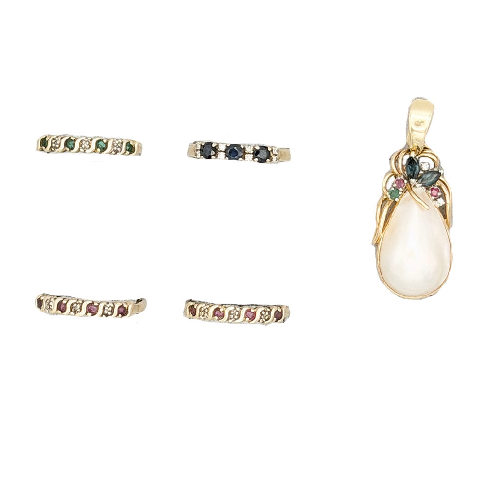 Five Piece 14K Gemstone Rings and Pendant: Five Piece 14K Gemstone Rings and Pendant Nice grouping of four stacking style rings and one pendant, The stacking rings have rubies, emerald and sapphires alternating with diamonds. The pendan