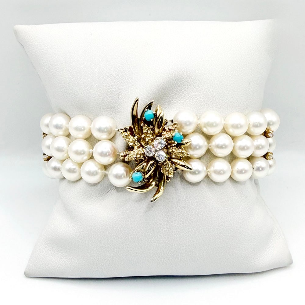 14K Diamond and Turquoise Triple Strand Pearl Bracelet (1 of 5)
