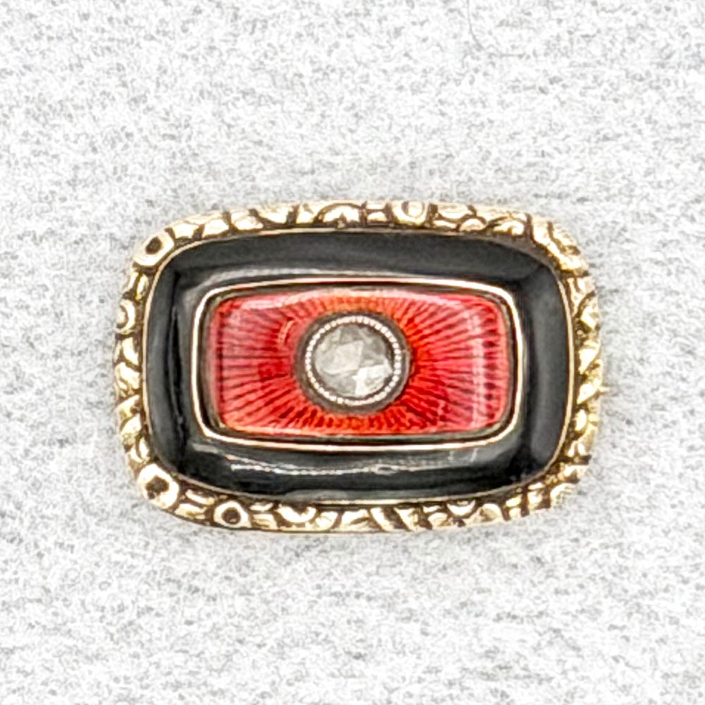 Antique 14K Enamel and Rose Cut Diamond Pin: Antique 14K Enamel and Rose Cut Diamond Pin Antique 14K gold pin with black and red enamel with a rose cut diamond in the center. The back reads " A token of Affection" Diamond