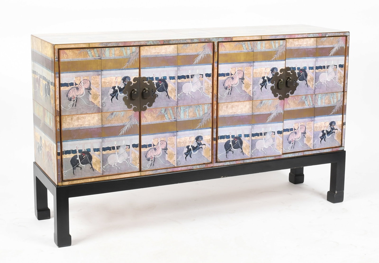 A Chinoiserie-Style Sideboard, Late 20th Century: A Chinoiserie-Style Sideboard, Late 20th Century Decorated with Chinese-style depictions of horses on a parcel-gilt ground DImensions: 54 in. wide, 15 in. deep, 32 1/4 in. hig