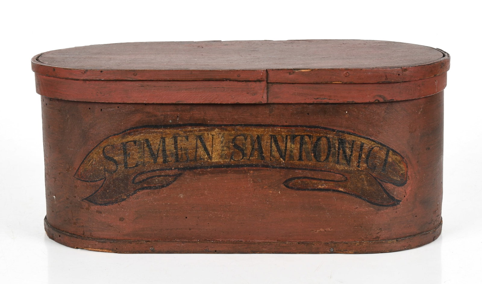 A 19th Century Bent Wood Apothecary Box: A 19th Century Bent Wood Apothecary Box In red paint and titled for "Semen Santonici". Dimensions: 17 x 8 1/2in, height is 7 1/2in 
