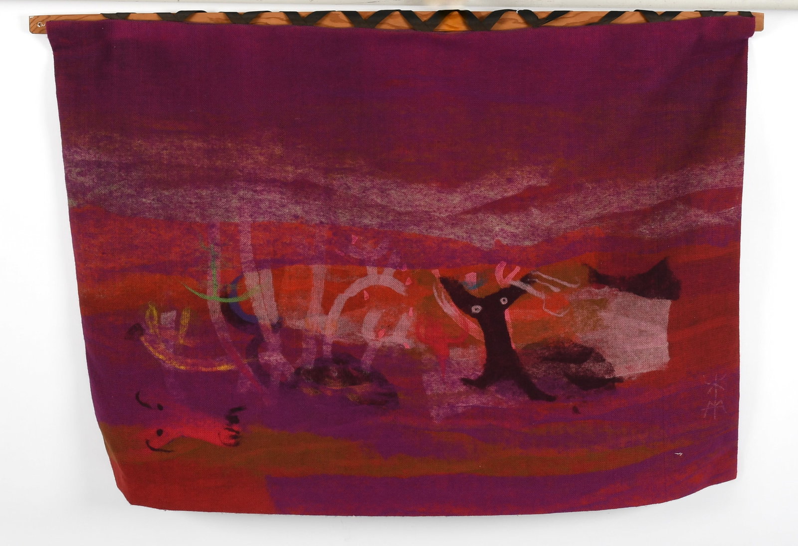 Marta Hyklova (Czech, Contemporary), "The Sea Dog": Marta Hyklova (Czech, Contemporary), "The Sea Dog" 1969, a pigment on fabric tapestry, signed on the back tag, retailed by Art Protis Czechoslovakia and with the original bill of