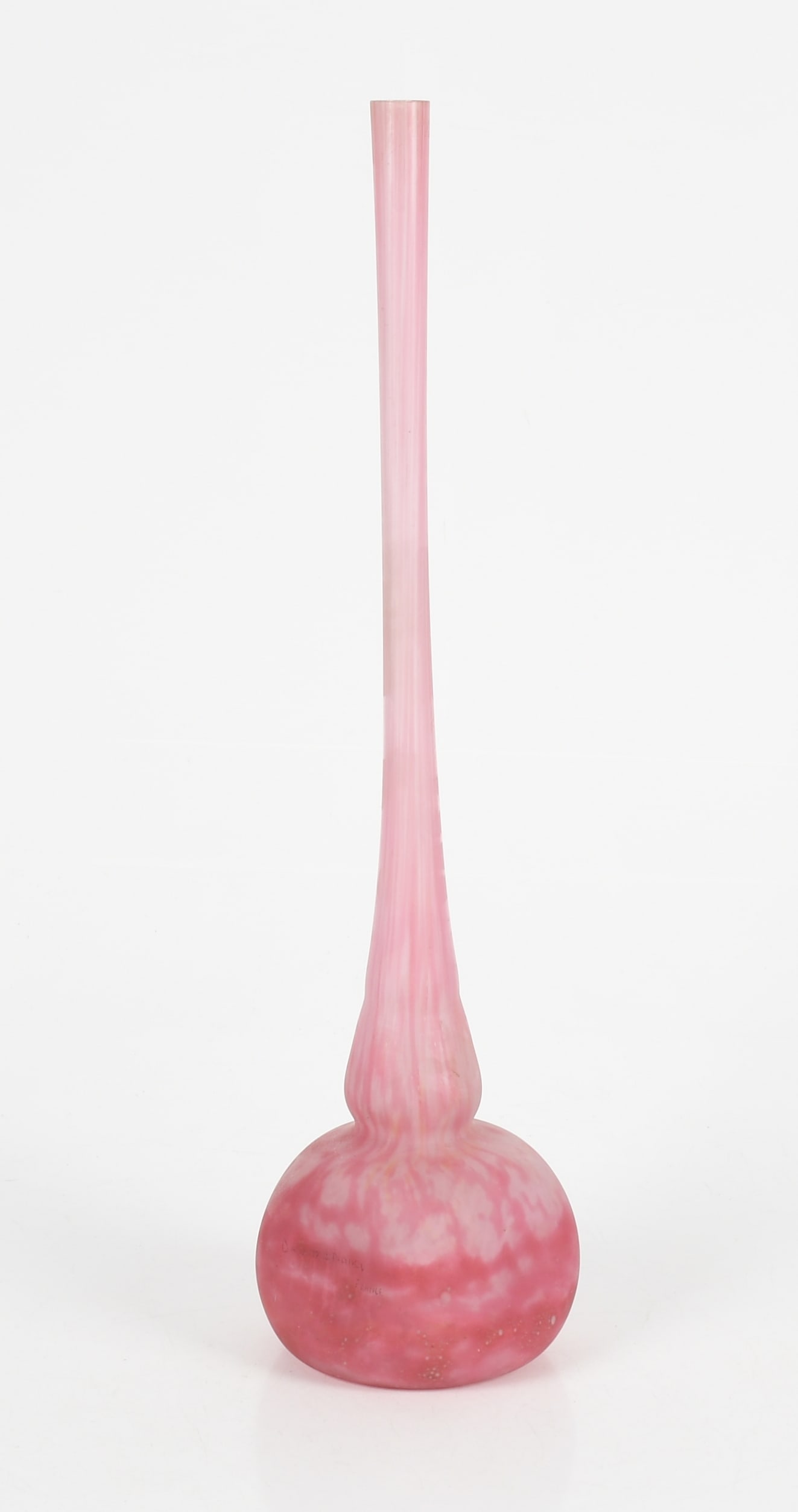 A Mottled Pink Art Glass Vase, Early 20th Century: A Mottled Pink Art Glass Vase, Early 20th Century Onion form, in shades of pink and white; signed as pictured. Dimensions: 6 1/2 in. x 6 1/2 in., 30 1/4 in. high <