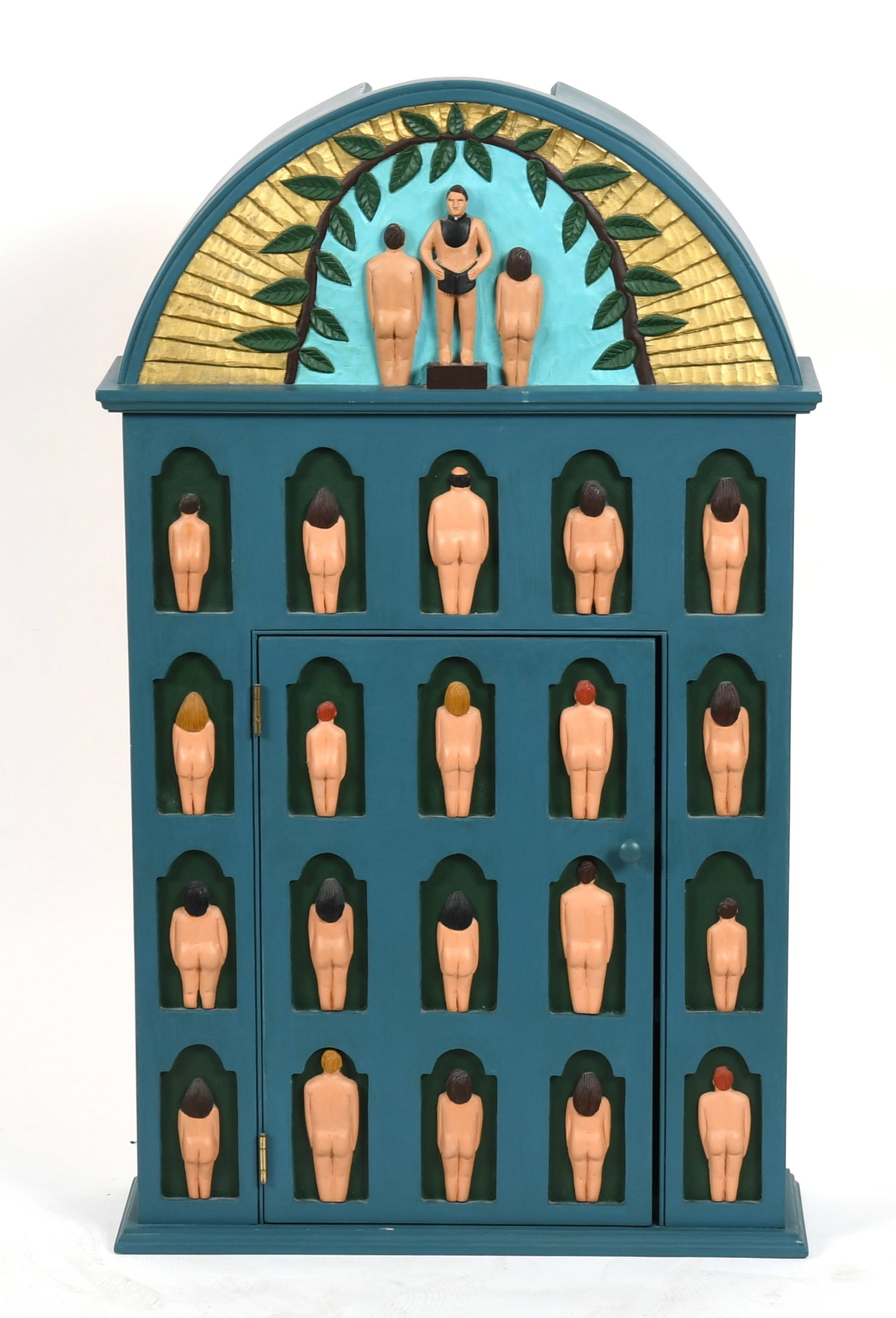 Stephen Huneck (1948-2010) Wooden Cabinet: Stephen Huneck (1948-2010) Wooden Cabinet Carved wood with polychrome, the door and stiles decorated with twenty carved nude figures below a cornice with a central priest flanked by a wom