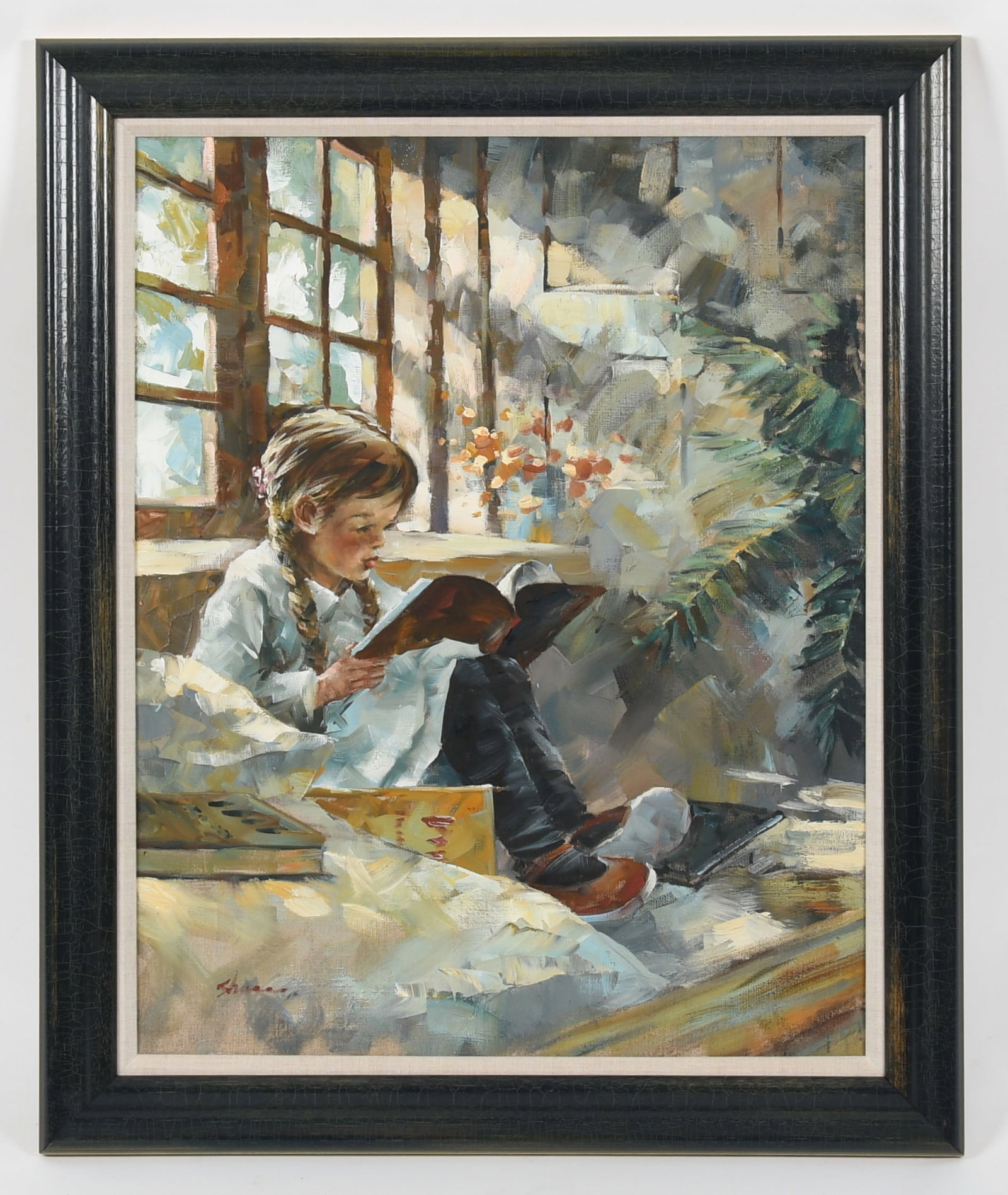 American School (Late 20th c.) "Storytime": American School (Late 20th c.) "Storytime" Illegibly signed at the lower left, oil on canvas. Dimensions: 30in x 24in, the frame 36in x 30in. 