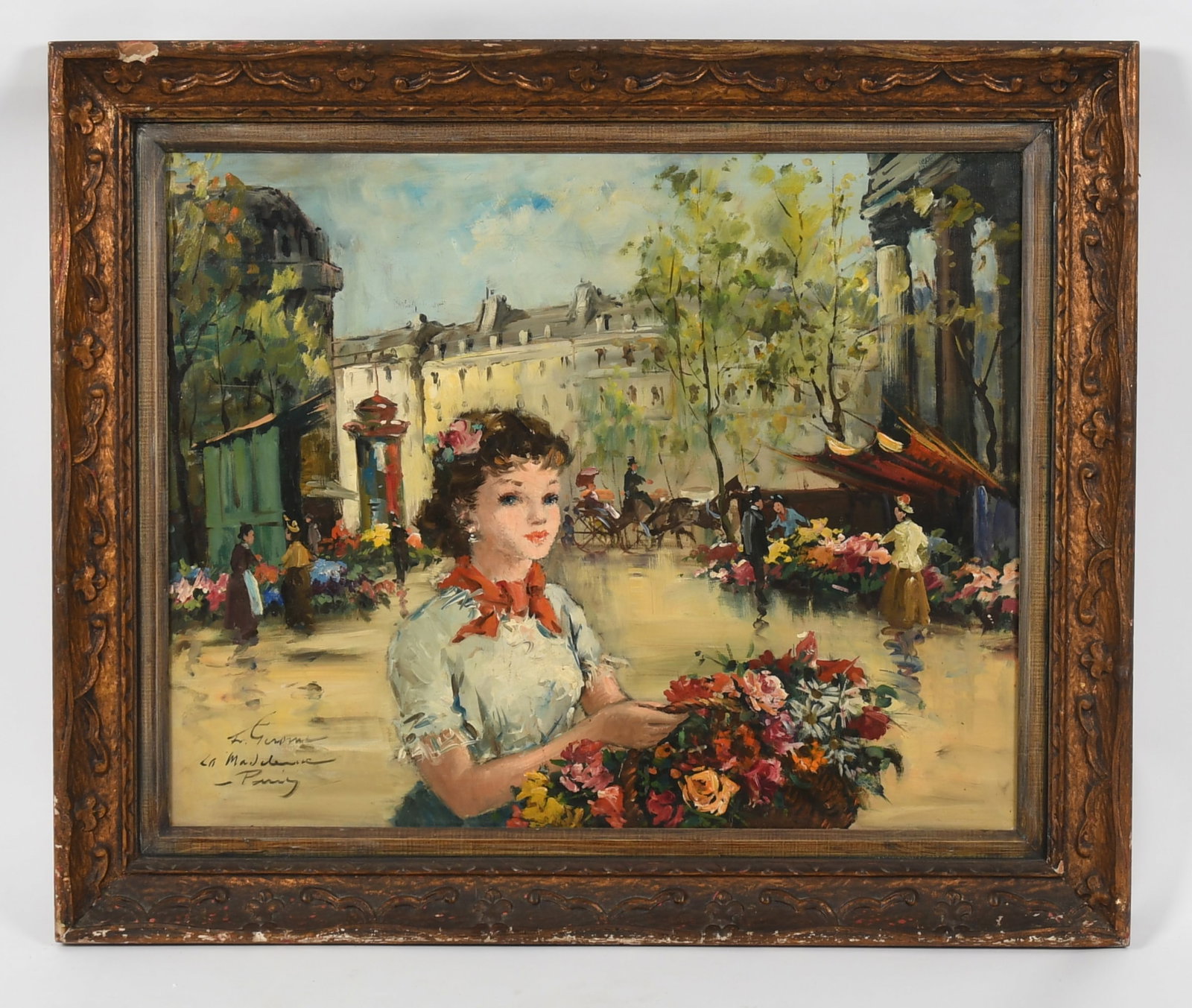Francois Gerome (French b.1895) Parisian Flower Girl: Francois Gerome (French b.1895) Parisian Flower Girl Oil on canvas, signed at the lower left. Dimensions: 24in x 30in, the frame 31in x 37in. 