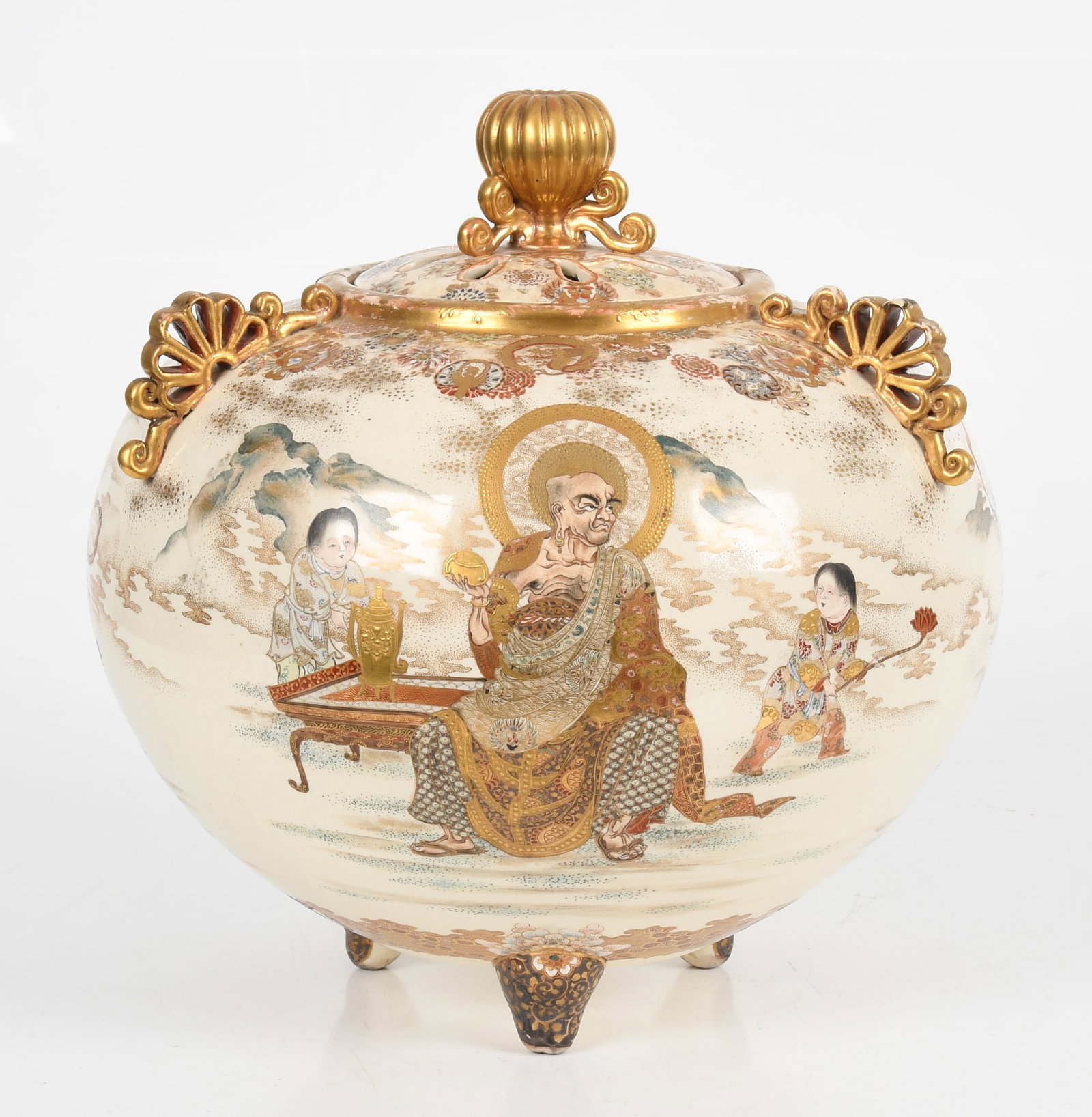 A Large Japanese Satsuma Koro: A Large Japanese Satsuma Koro A globular example with three short feet, three open handles and a gourd form finial, the decoration depicts Buddhist immortals with attendants. &