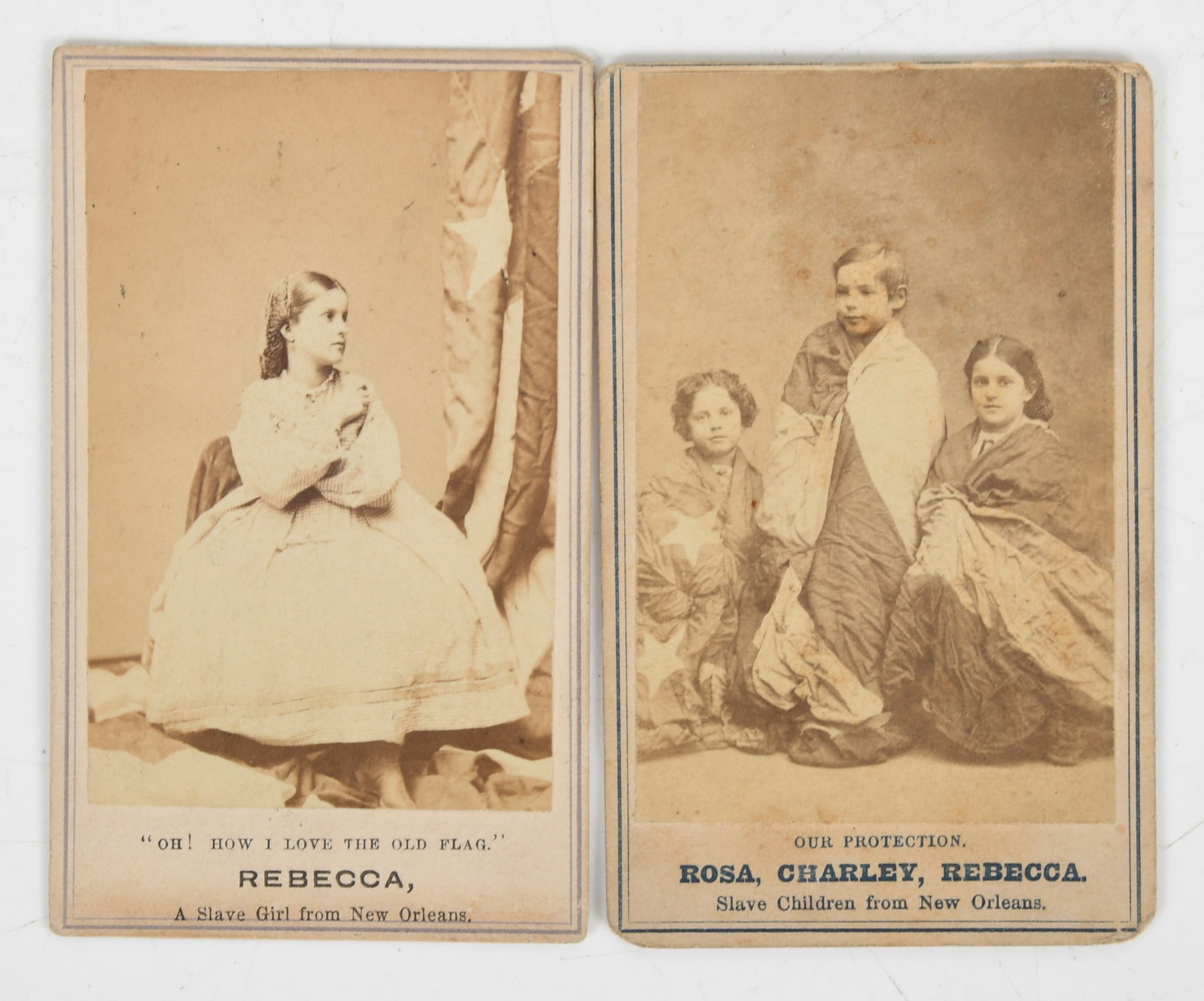 Charles Paxson (American Civil War Era), Two 'Slave"' Carte de Visite: Charles Paxson (American Civil War Era), Two 'Slave' Carte de Visite 1864, No. 5 "'Oh, How I Love The Old Flag.' / Rebecca, / A Slave Girl From New Orleans."