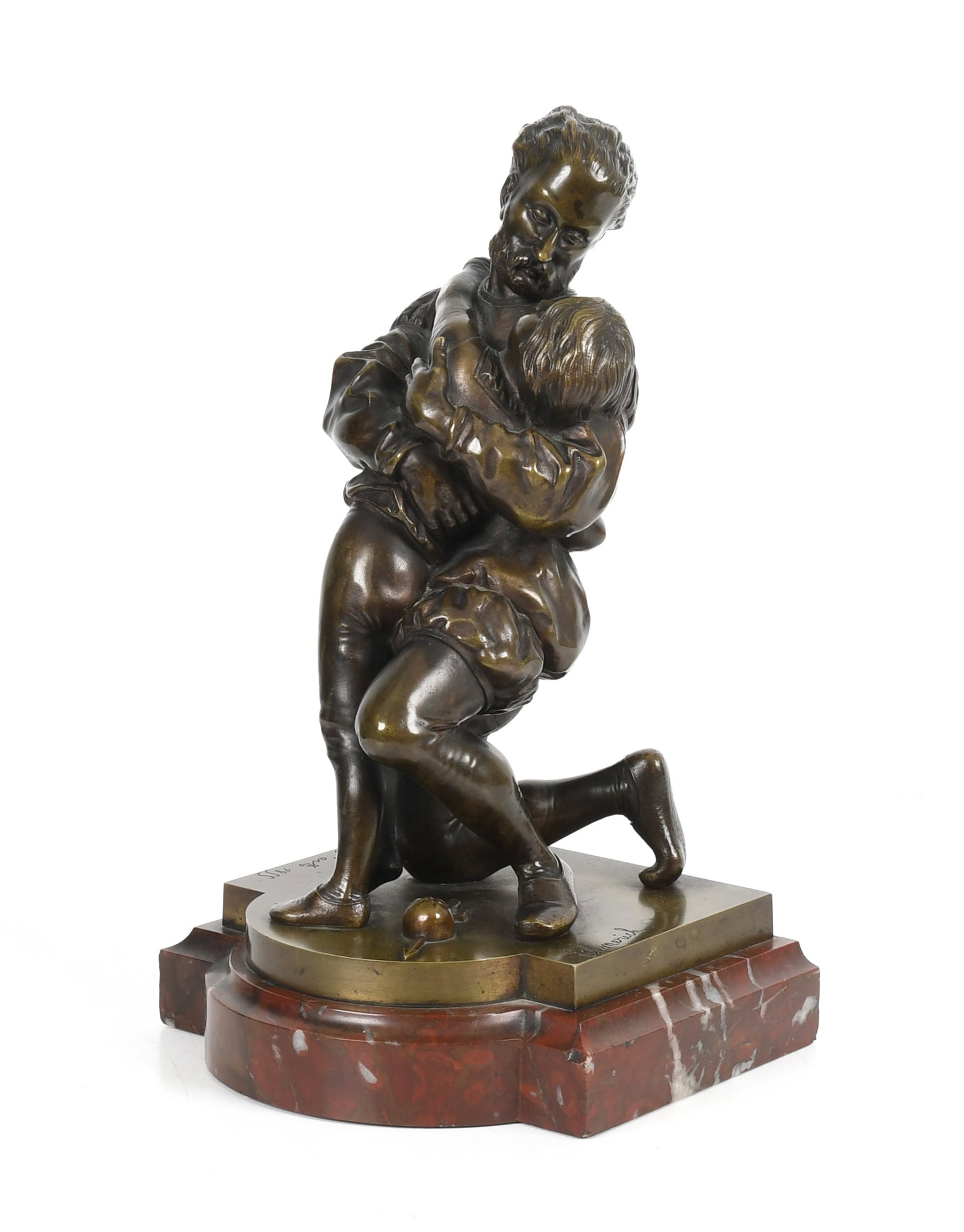 Charles Edouard Elmerich (1813-1889) William Tell and His Son: Charles Edouard Elmerich (1813-1889) William Tell and His Son A bronze group depicting William Tell embracing his son with a apple and arrow at their feet. Signed as pictured. Mounted on ro