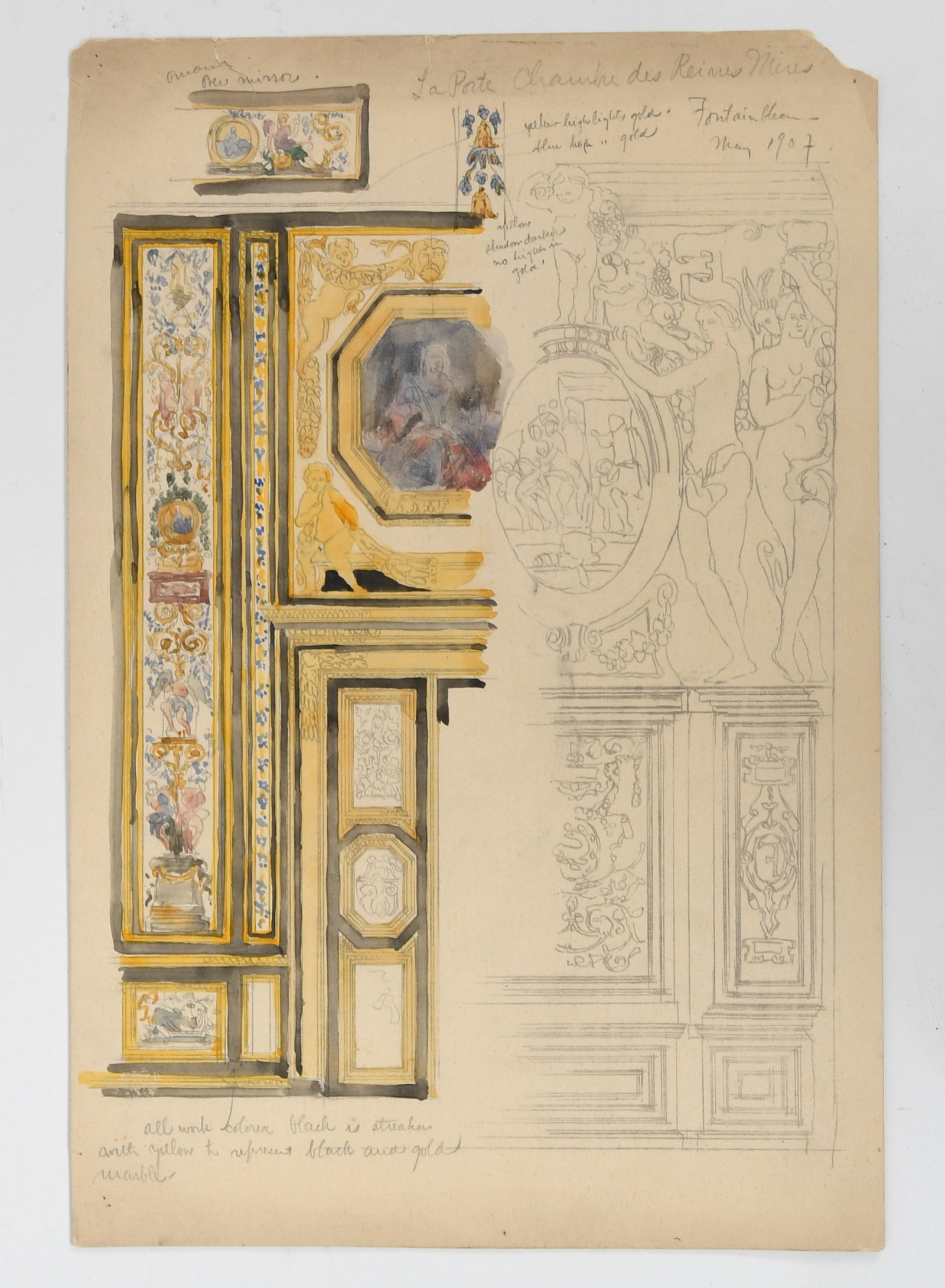 An Architectural Study of the Interior of the Chateau de Fontainebleau: An Architectural Study of the Interior of the Chateau de Fontainebleau Date 1907, pencil and water color depicting various decorative elements found in the palace. Dimensio