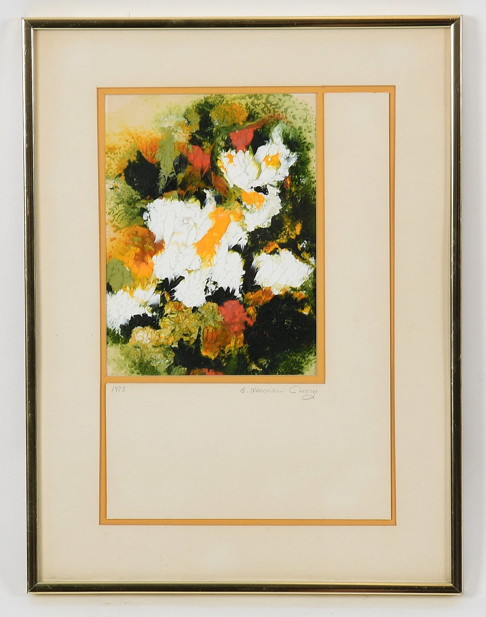 B Newman Curry (American, 20th Century), Abstract Study, 1973: B Newman Curry (American, 20th Century), Abstract Study, 1973 Oil on paper, signed and dated on matting. Dimensions: 8 in. x 6 in. (sight); 16 1/4 in. x 12 1/4 in. (framed)