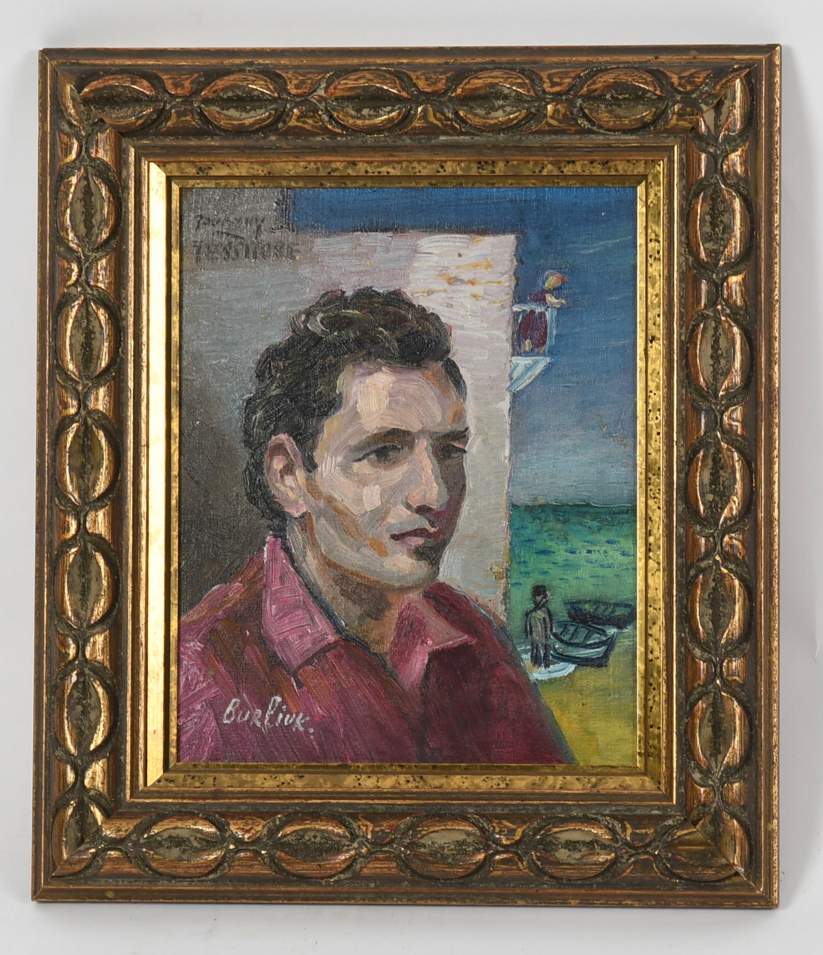 David Burliuk (Russian/ American, 1882-1967), Portrait of Angelo, 1954: David Burliuk (Russian/ American, 1882-1967), Portrait of Angelo, 1954 oil on canvasboard; inscribed upper left, signed "Burliuk" lower left, and inscribed on reverse, "Ange