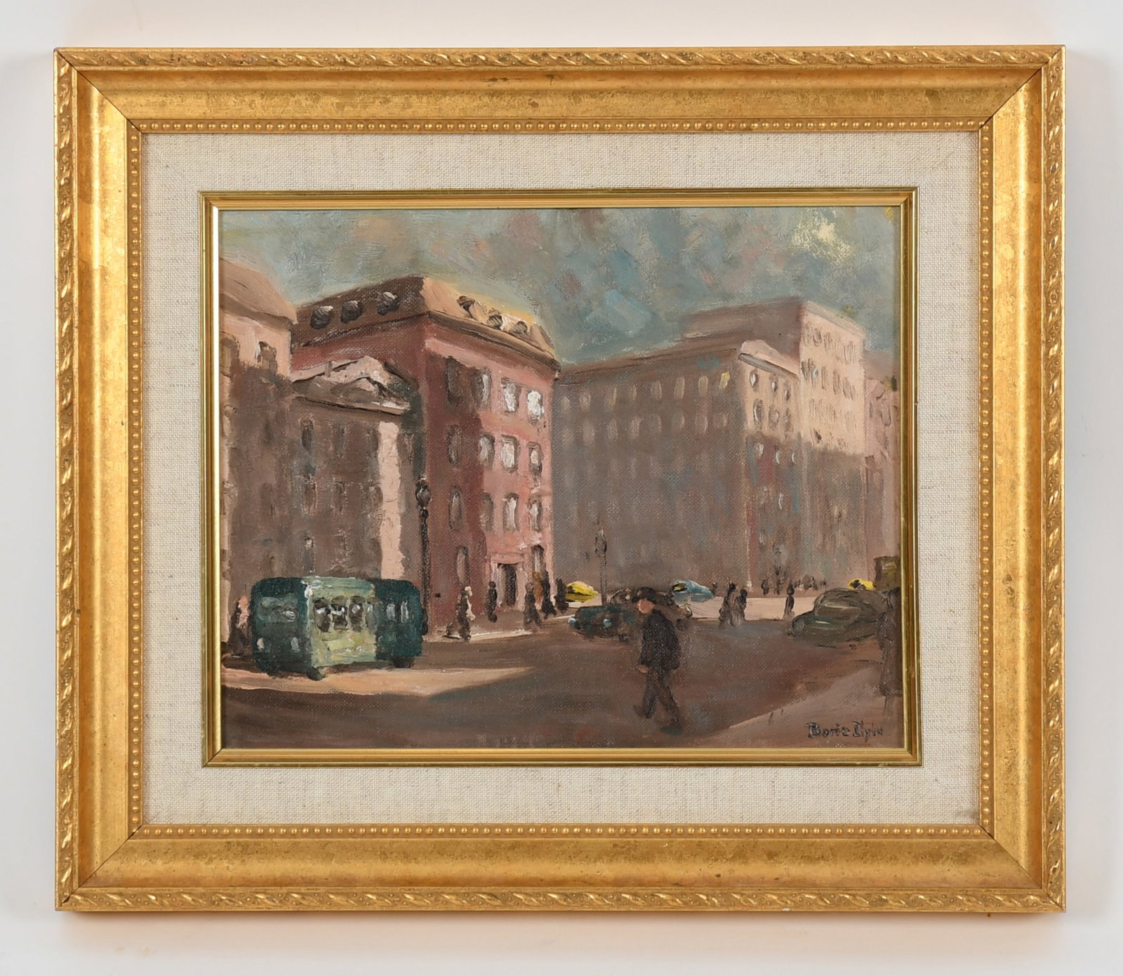 Boris Ilyin (California, Russia, Born 1918) Street Scene: Boris Ilyin (California, Russia, Born 1918) Street Scene Oil on board, signed at the lower right. Dimensions: 8in x 10in, the frame 12in x 14in. 